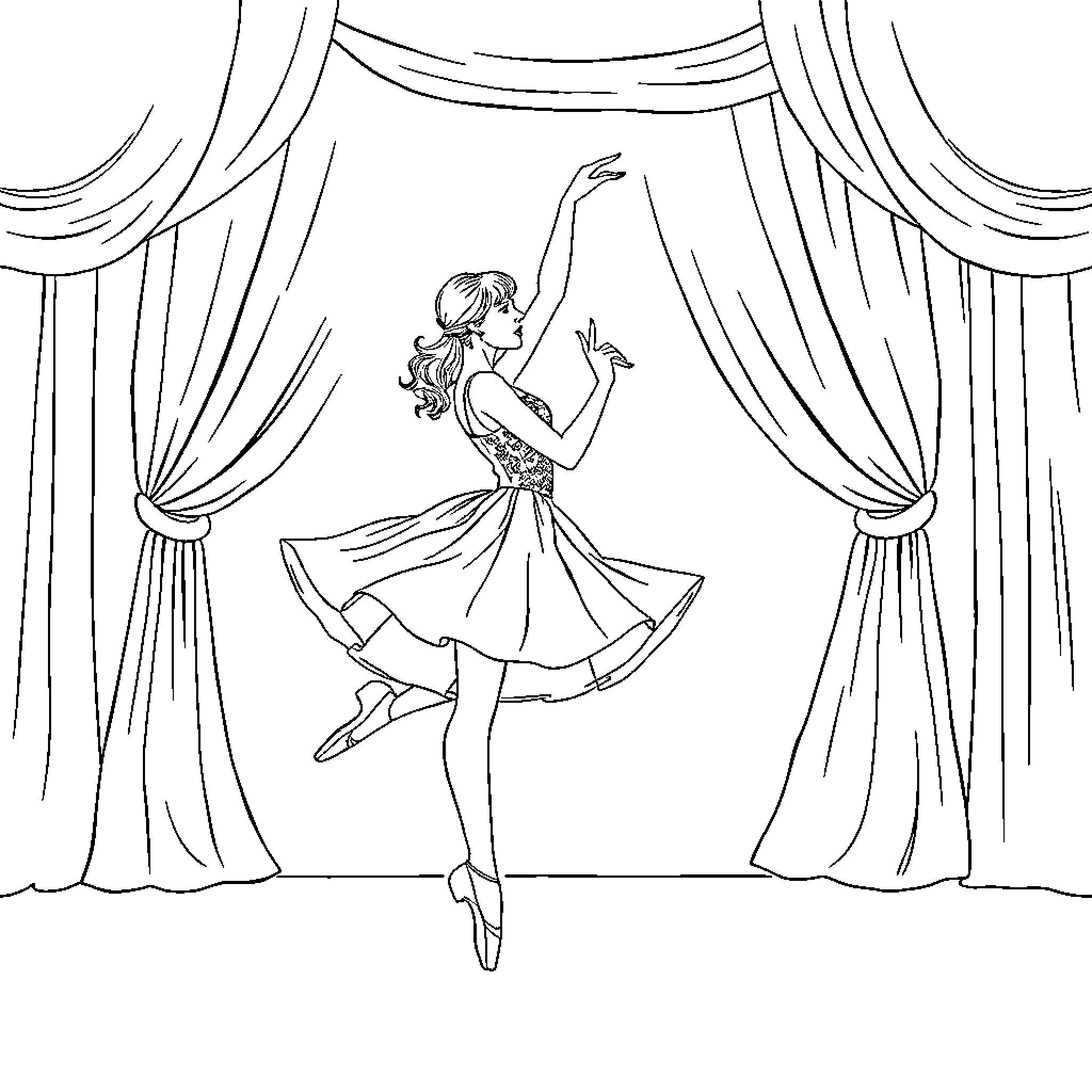 Ballerina performing graceful dance on stage Coloring Page (free black-and-white line drawing printable PDF for all, from beginners to advanced learners, including children, teens, adults, and seniors)