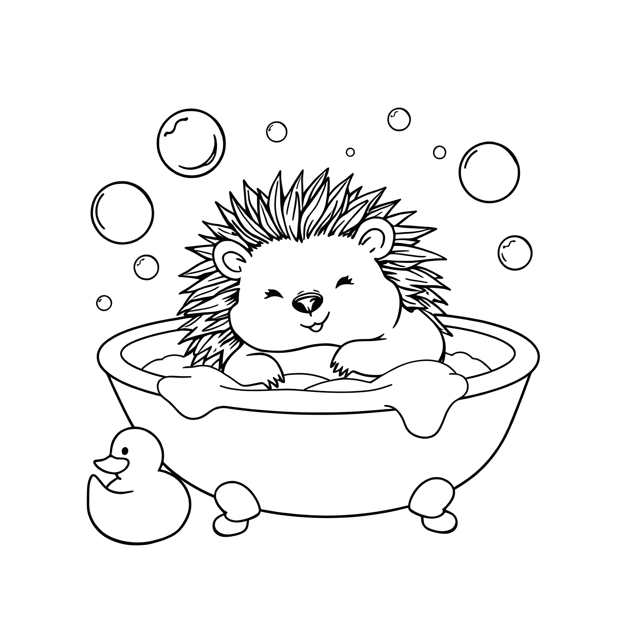 Hedgehog relaxing in a bubbly bathtub Coloring Page (free black-and-white line drawing printable PDF for all, from beginners to advanced learners, including children, teens, adults, and seniors)