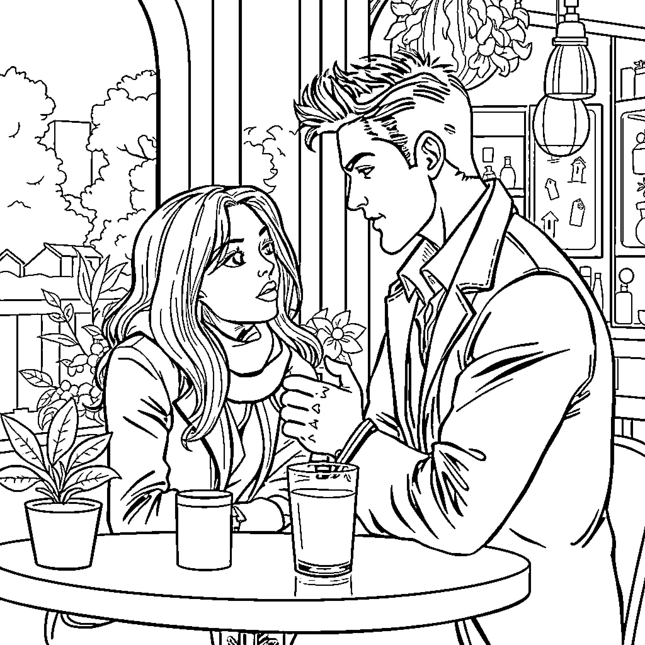 Man and woman conversing in a cafe Coloring Page (free black-and-white line drawing printable PDF for all, from beginners to advanced learners, including children, teens, adults, and seniors)