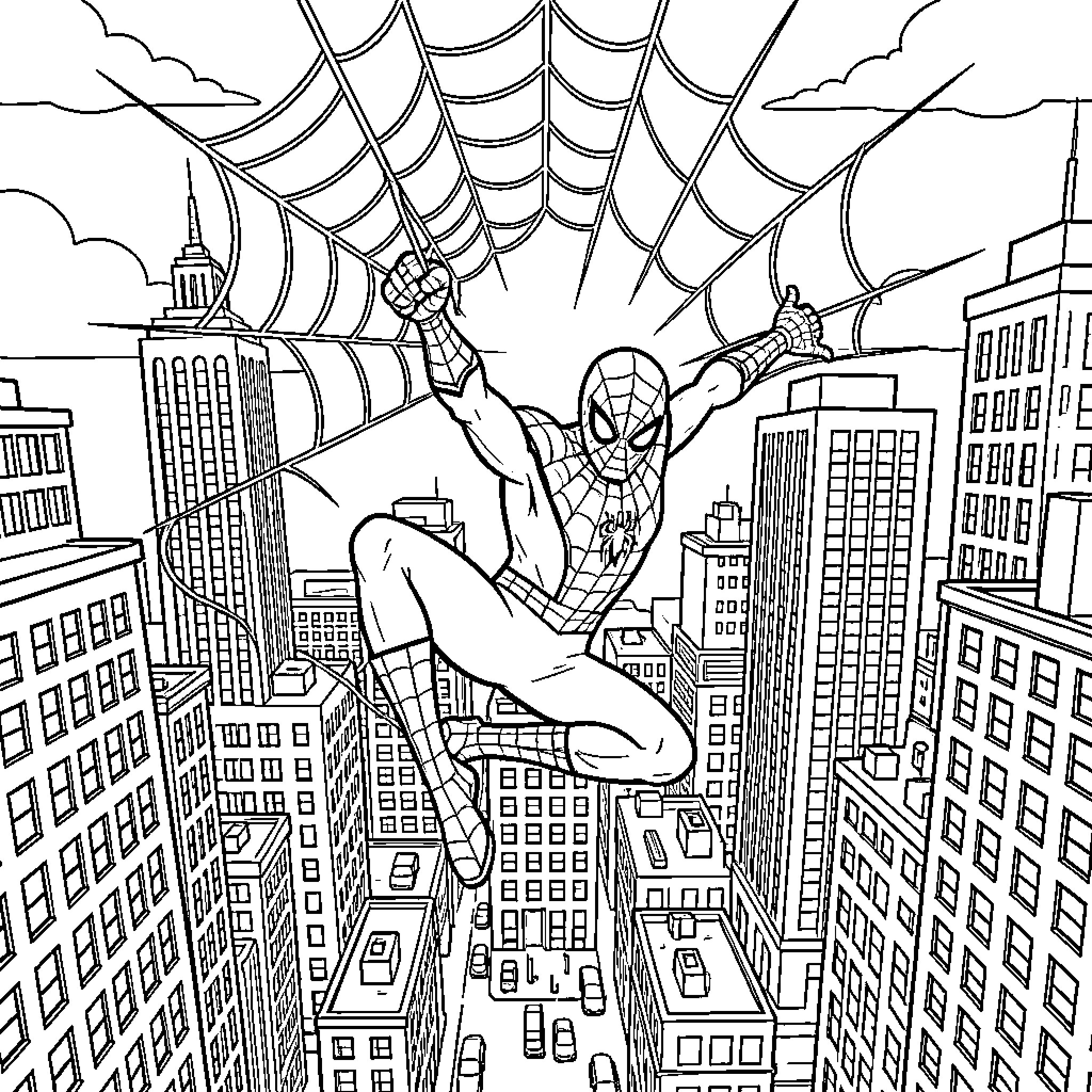 Spiderman swinging through a busy city cityscape Coloring Page (free black-and-white line drawing printable PDF for all, from beginners to advanced learners, including children, teens, adults, and seniors)