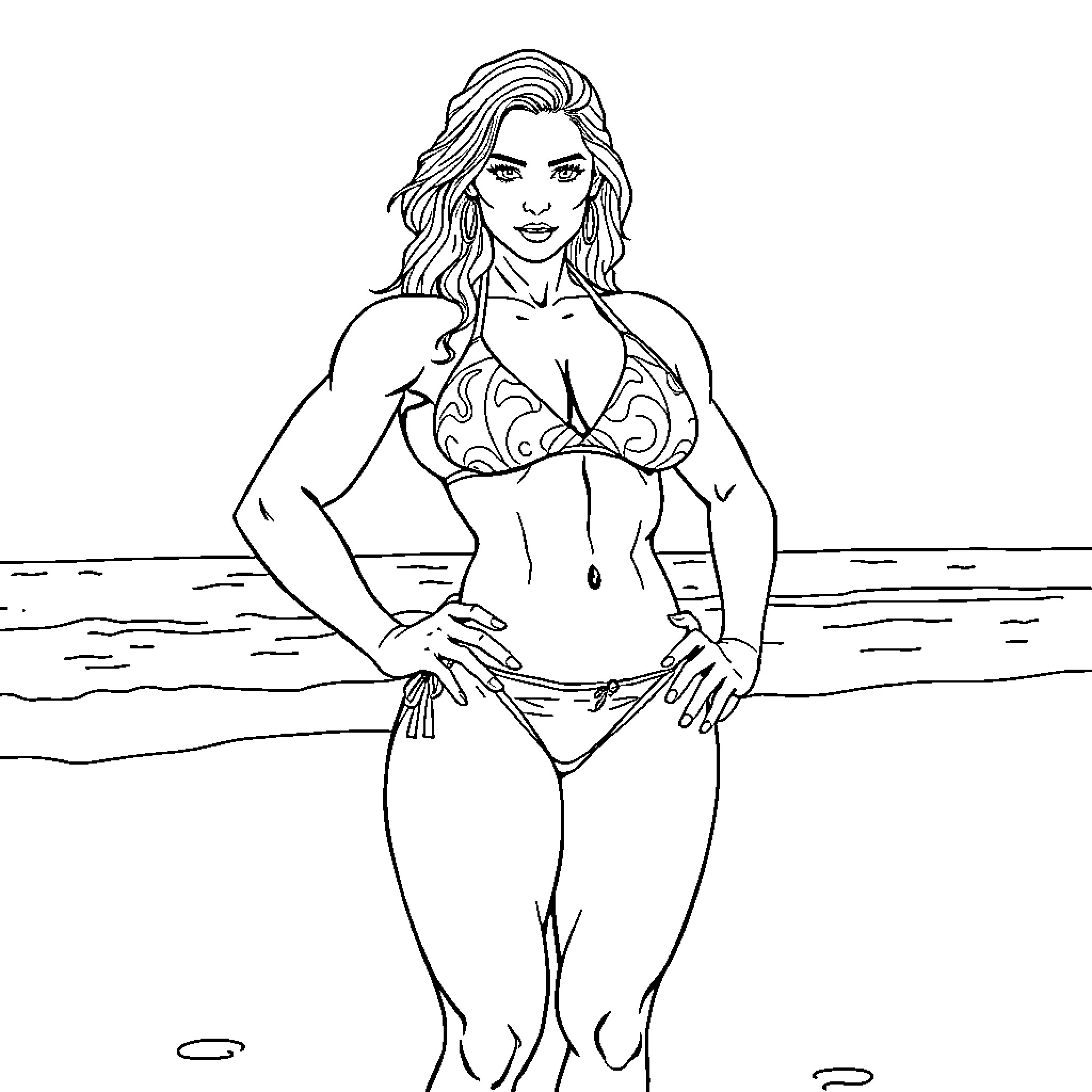 Bodybuilder posing confidently on the beach Coloring Page (free black-and-white line drawing printable PDF for all, from beginners to advanced learners, including children, teens, adults, and seniors)
