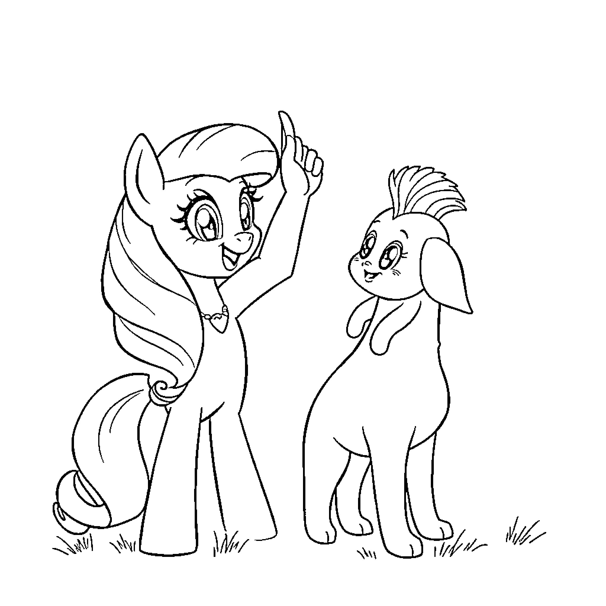 Twilight Sparkle having fun with her canine companion Coloring Page (free black-and-white line drawing printable PDF for all, from beginners to advanced learners, including children, teens, adults, and seniors)