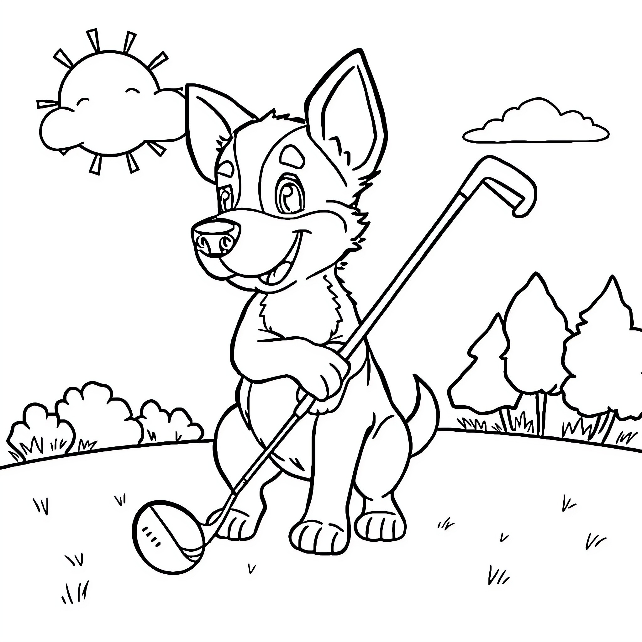 Bluey playing happily outdoors with nature Coloring Page (free black-and-white line drawing printable PDF for all, from beginners to advanced learners, including children, teens, adults, and seniors)