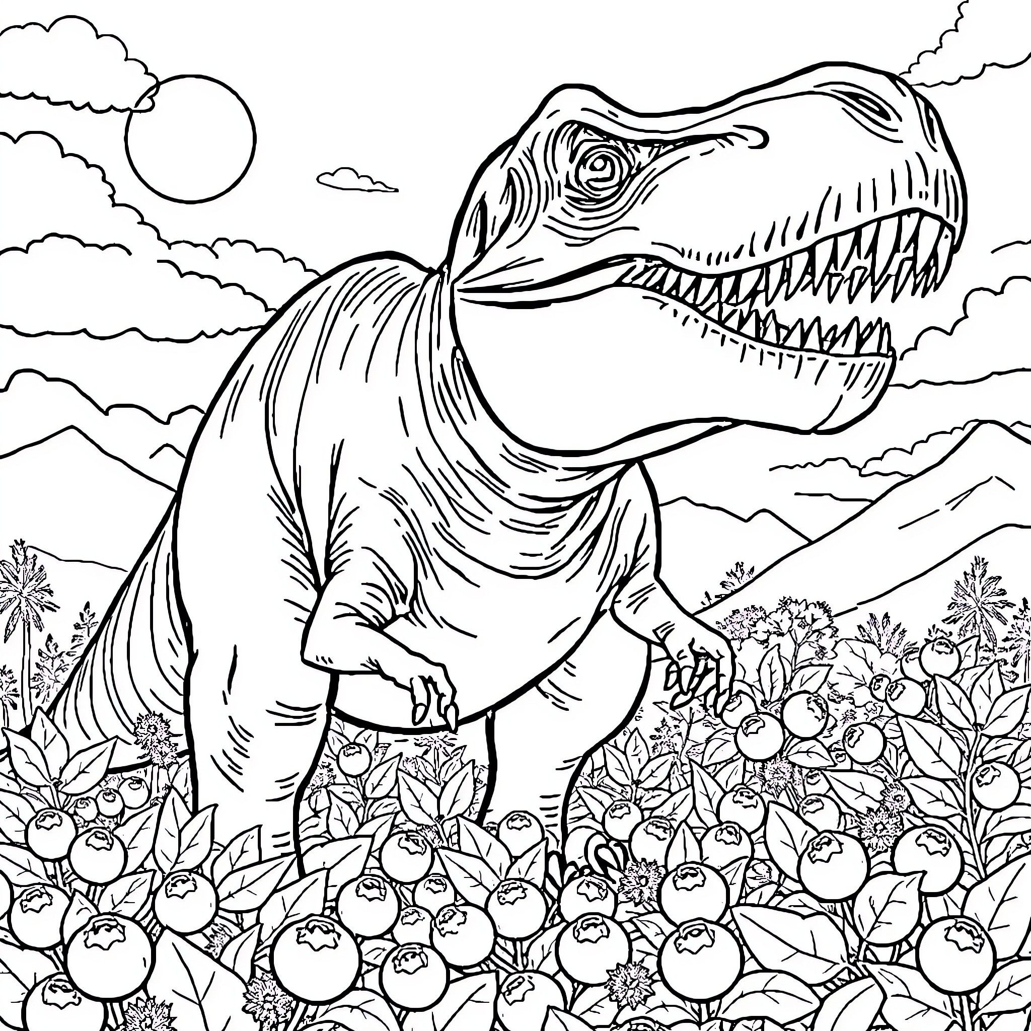 Tyrannosaurus Roaring Amidst Lush Landscape Coloring Page (free black-and-white line drawing printable PDF for all, from beginners to advanced learners, including children, teens, adults, and seniors)