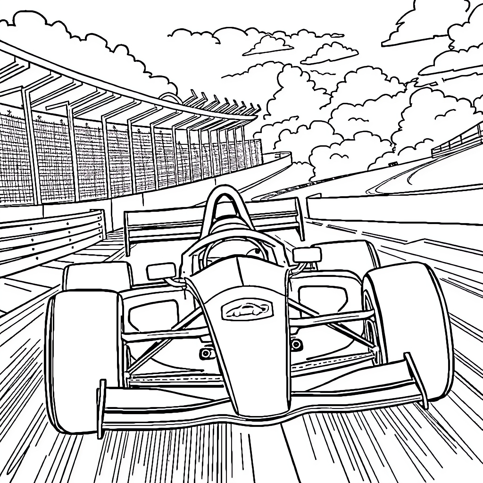 Bluey's Formula One Racing Adventure Coloring Page (free black-and-white line drawing printable PDF for all, from beginners to advanced learners, including children, teens, adults, and seniors)