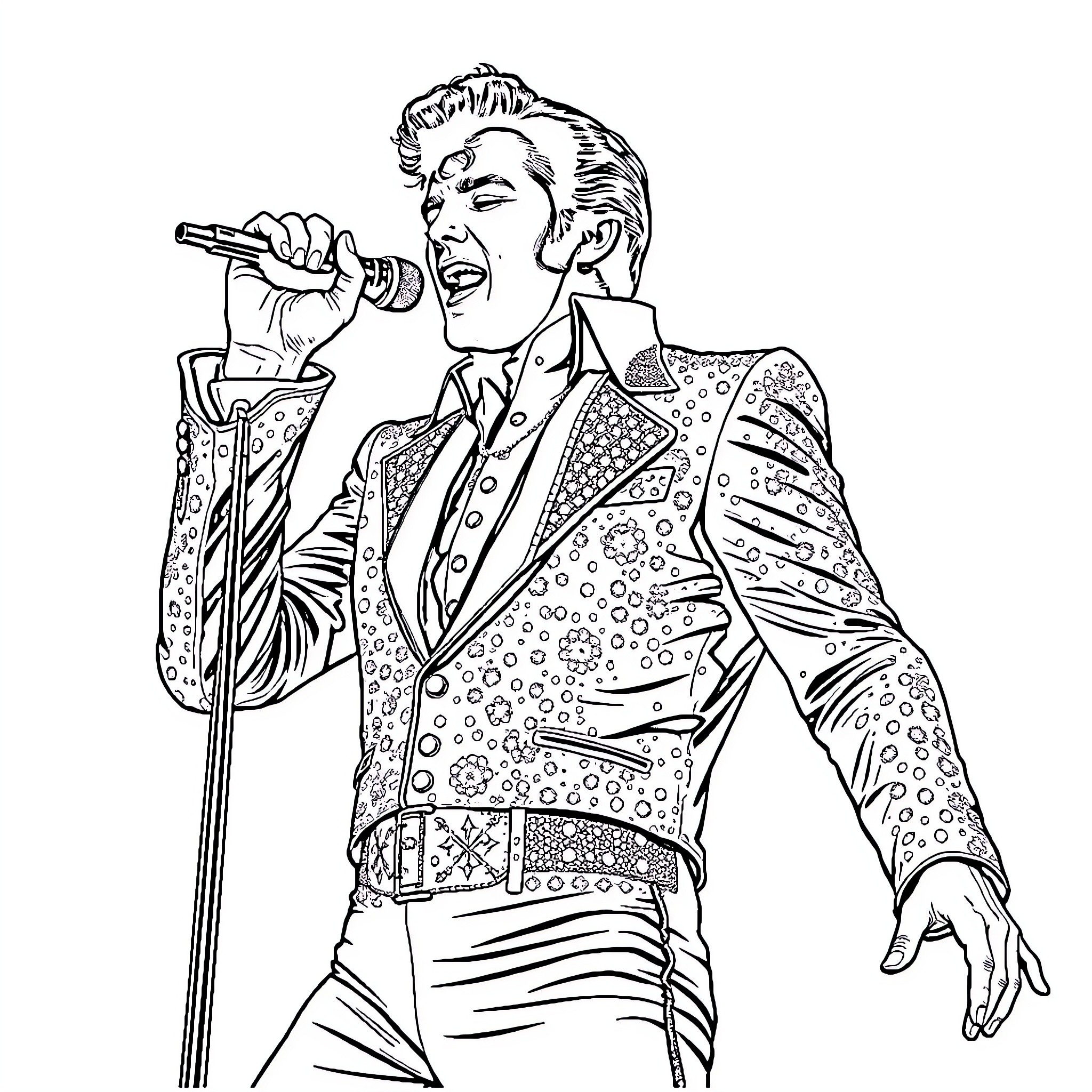 Elvis Presley performing on stage in an extravagant costume Coloring Page (free black-and-white line drawing printable PDF for all, from beginners to advanced learners, including children, teens, adults, and seniors)