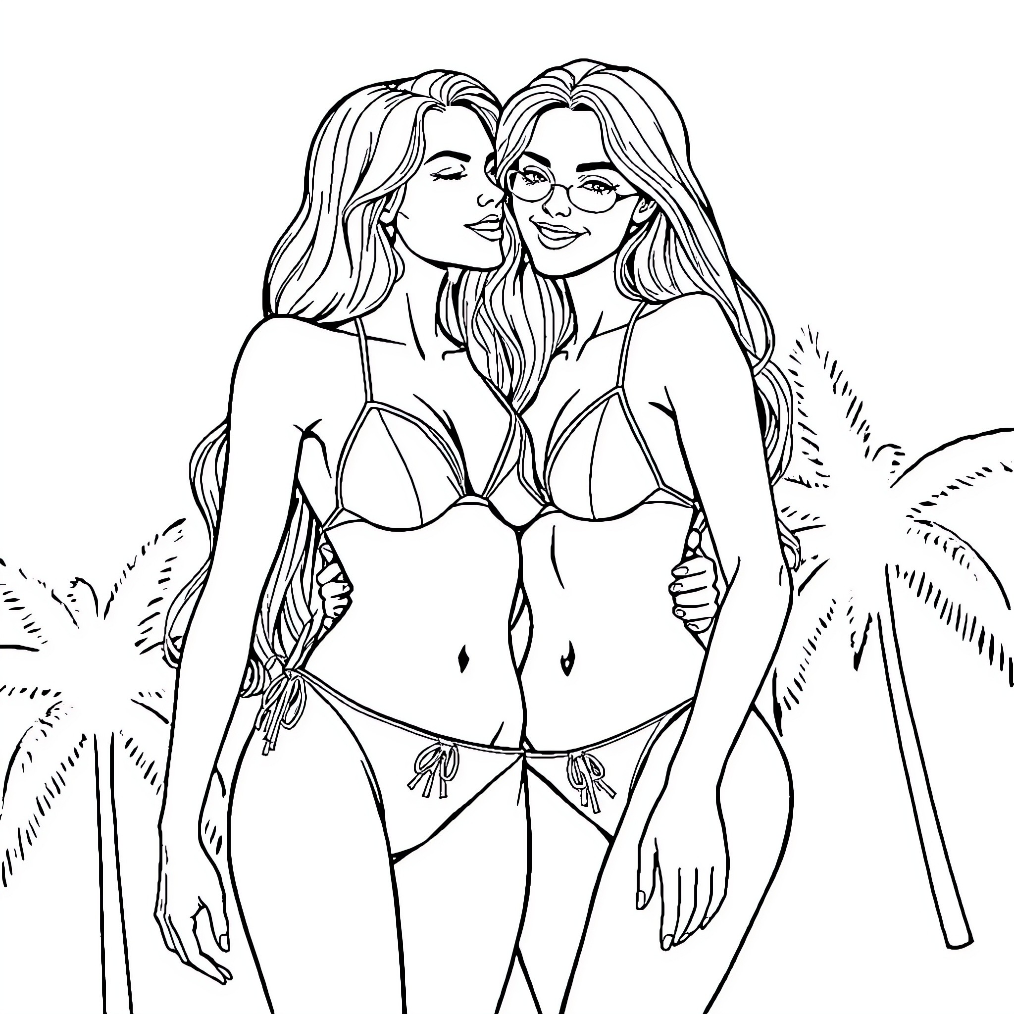 Chica Beach Babes Posing Playfully Coloring Page (free black-and-white line drawing printable PDF for all, from beginners to advanced learners, including children, teens, adults, and seniors)