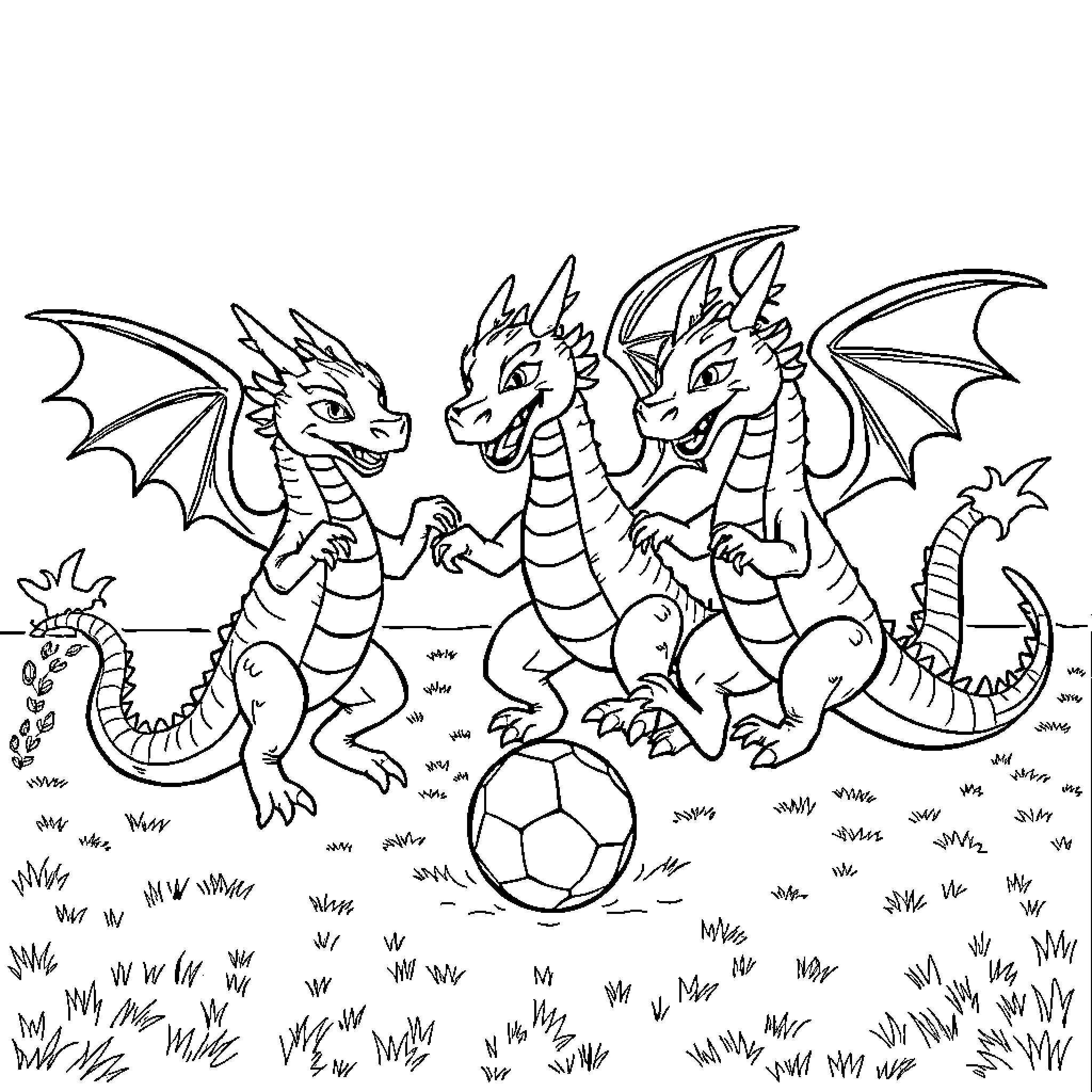 Dragon Trio Playing with Soccer Ball in Field Coloring Page (free black-and-white line drawing printable PDF for all, from beginners to advanced learners, including children, teens, adults, and seniors)