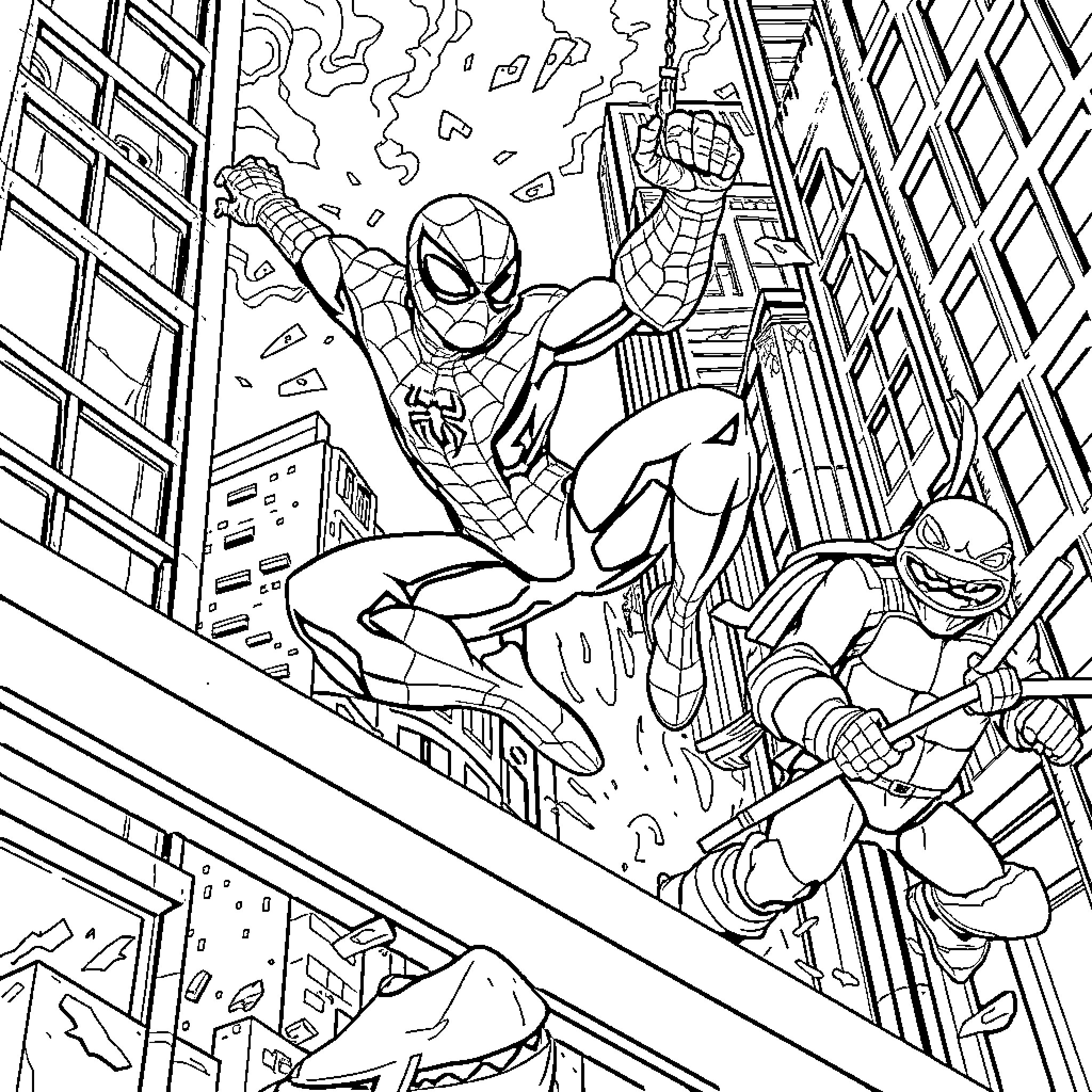Spider-Man swinging heroically through the city Coloring Page (free black-and-white line drawing printable PDF for all, from beginners to advanced learners, including children, teens, adults, and seniors)
