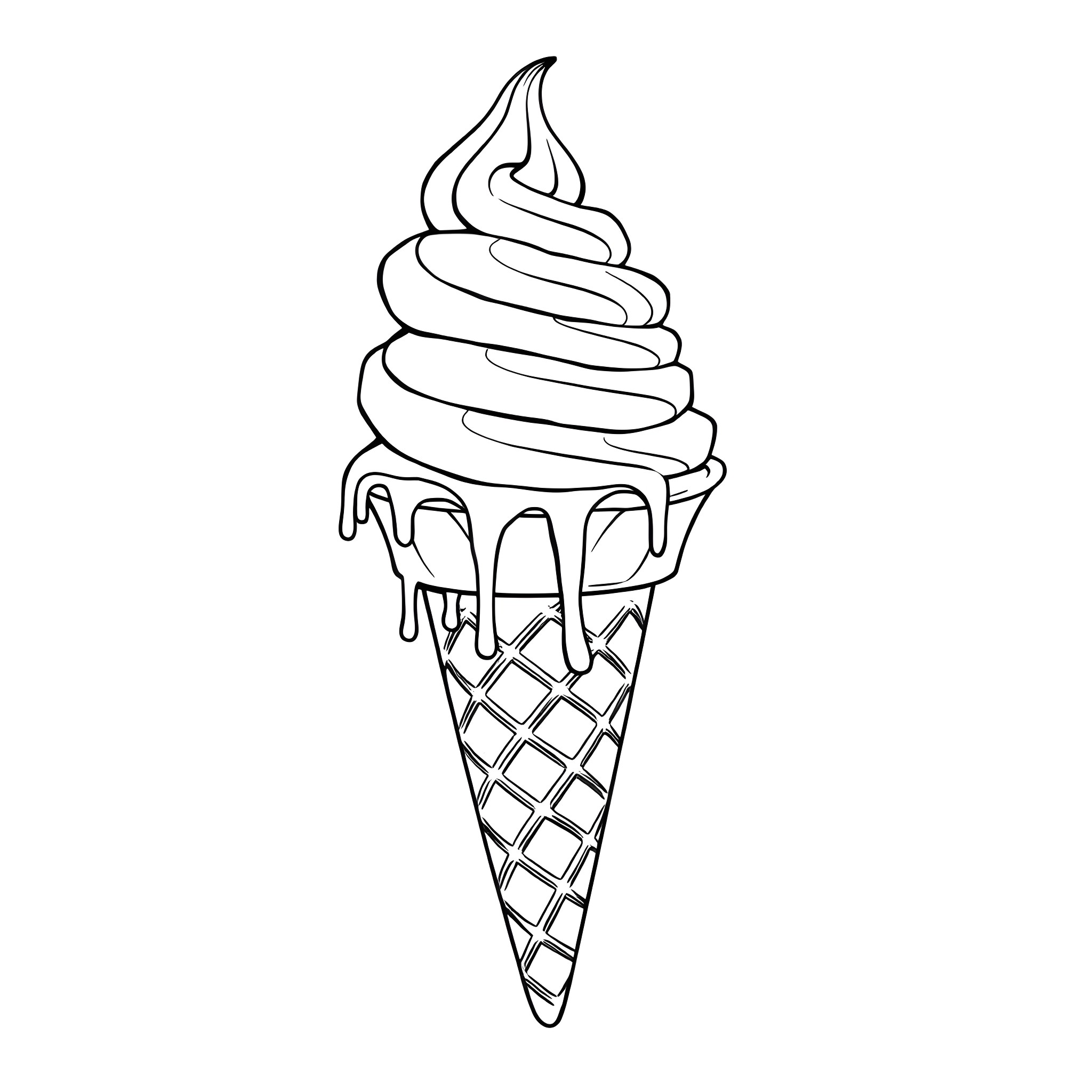 Ice Cream Cone with Swirly Soft Serve Coloring Page (free black-and-white line drawing printable PDF for all, from beginners to advanced learners, including children, teens, adults, and seniors)