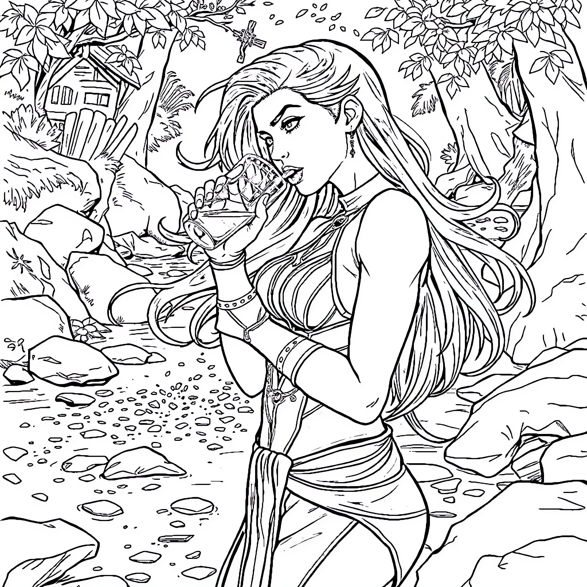 Skarlet exploring the enchanted forest Coloring Page (free black-and-white line drawing printable PDF for all, from beginners to advanced learners, including children, teens, adults, and seniors)