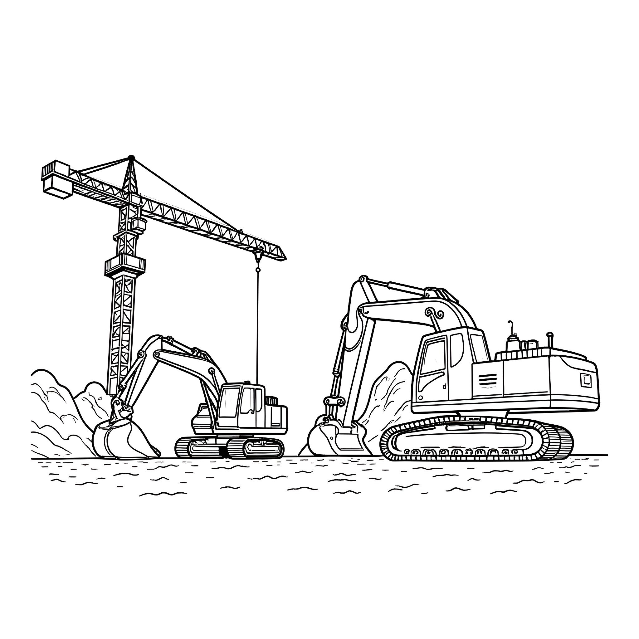 Construction Site Machinery in Action Coloring Page (free black-and-white line drawing printable PDF for all, from beginners to advanced learners, including children, teens, adults, and seniors)
