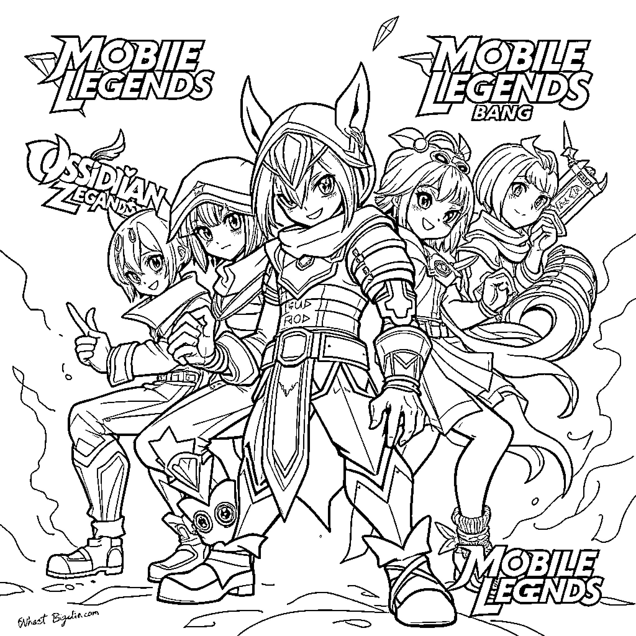 Obsidia: Heroic Adventurers on a Quest Coloring Page (free black-and-white line drawing printable PDF for all, from beginners to advanced learners, including children, teens, adults, and seniors)