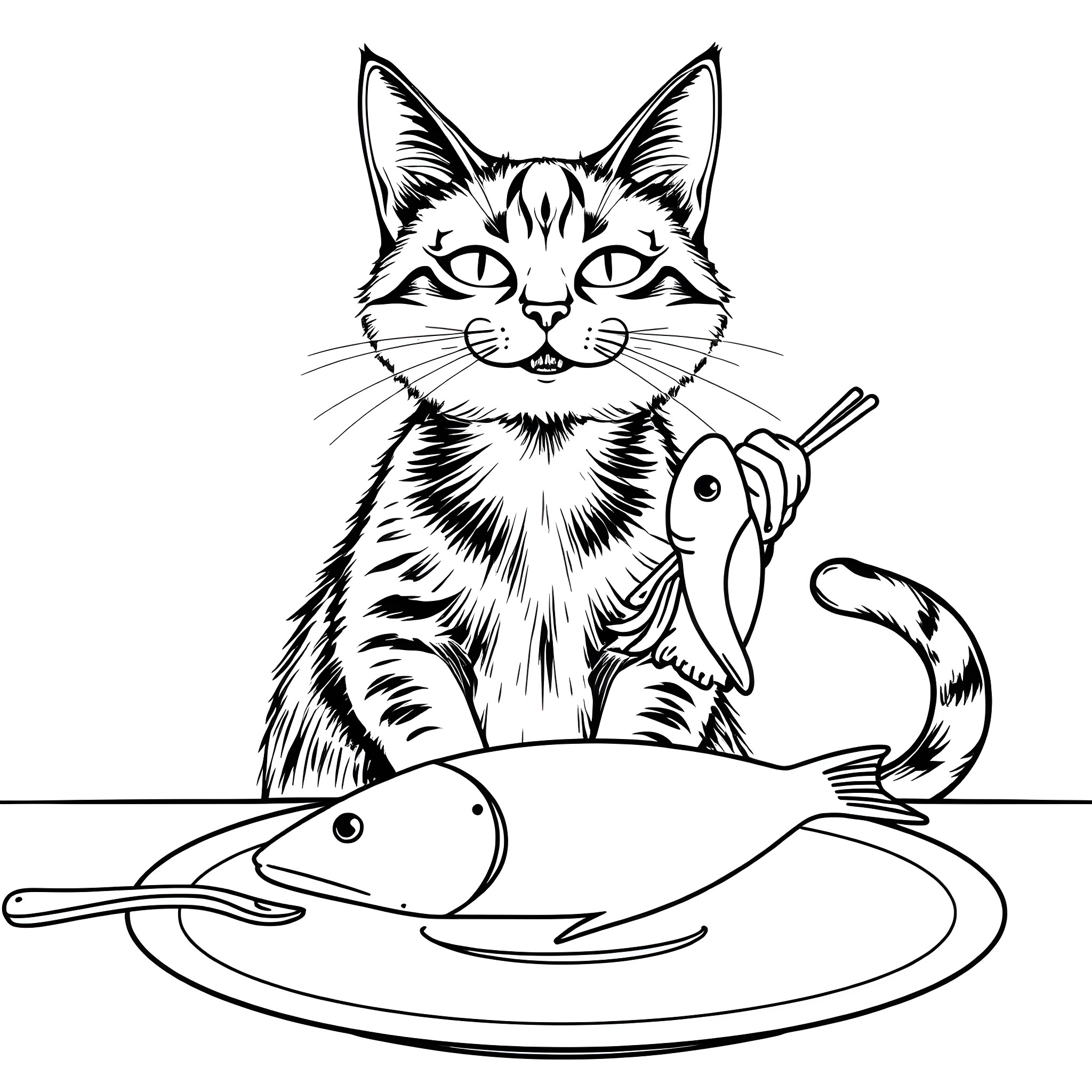 Katze playing with fish on a plate Coloring Page (free black-and-white line drawing printable PDF for all, from beginners to advanced learners, including children, teens, adults, and seniors)