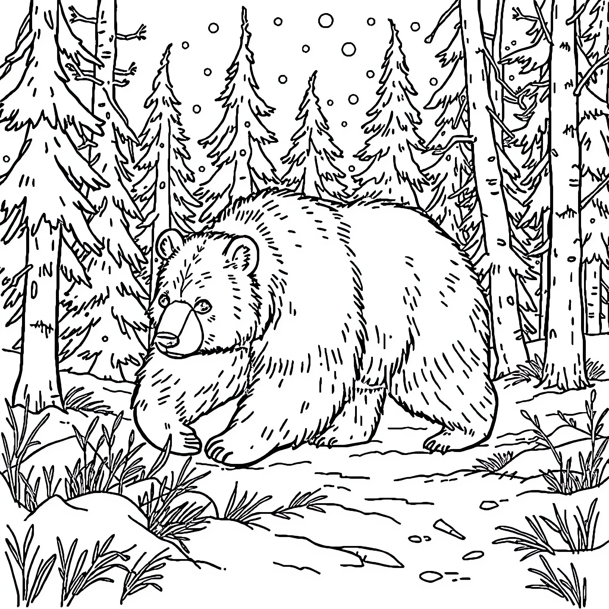 Bear resting peacefully in snowy forest Coloring Page (free black-and-white line drawing printable PDF for all, from beginners to advanced learners, including children, teens, adults, and seniors)