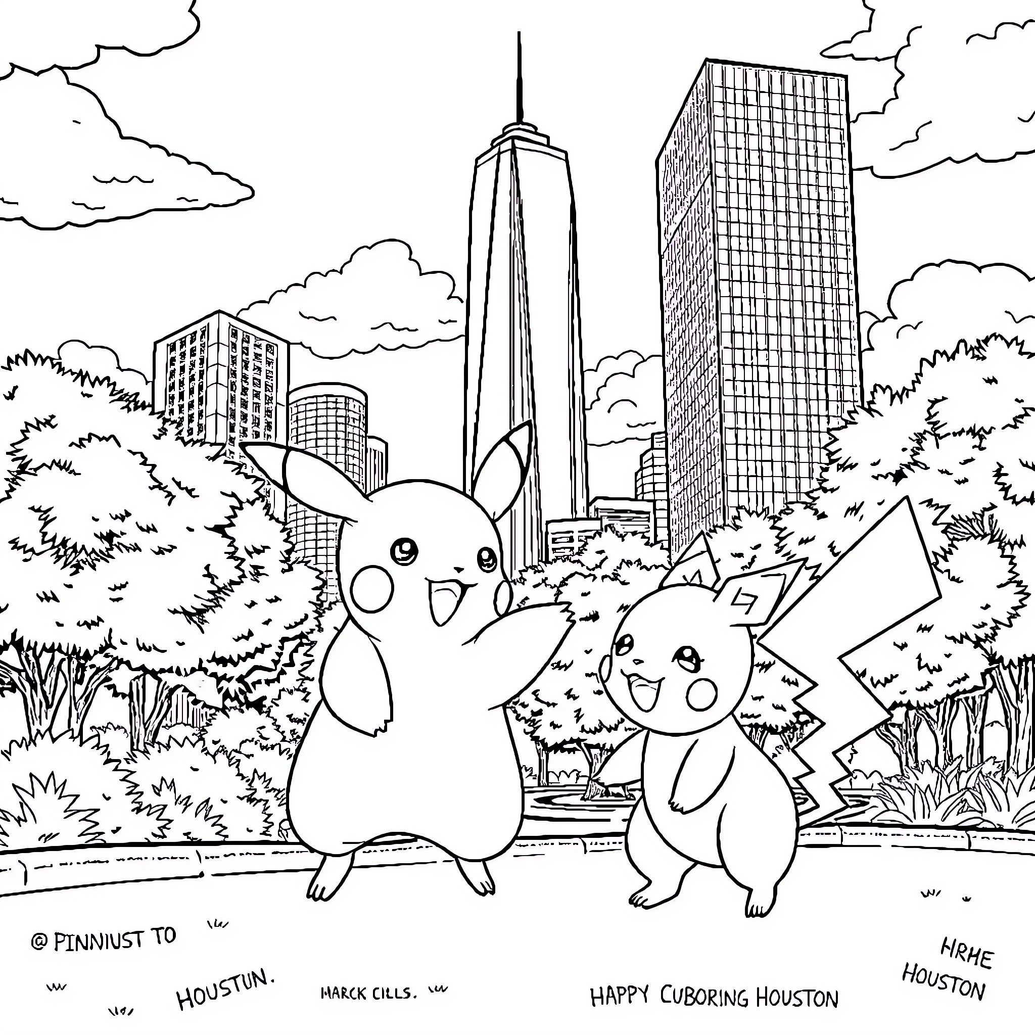Pikachu enjoying the cityscape with friends Coloring Page (free black-and-white line drawing printable PDF for all, from beginners to advanced learners, including children, teens, adults, and seniors)
