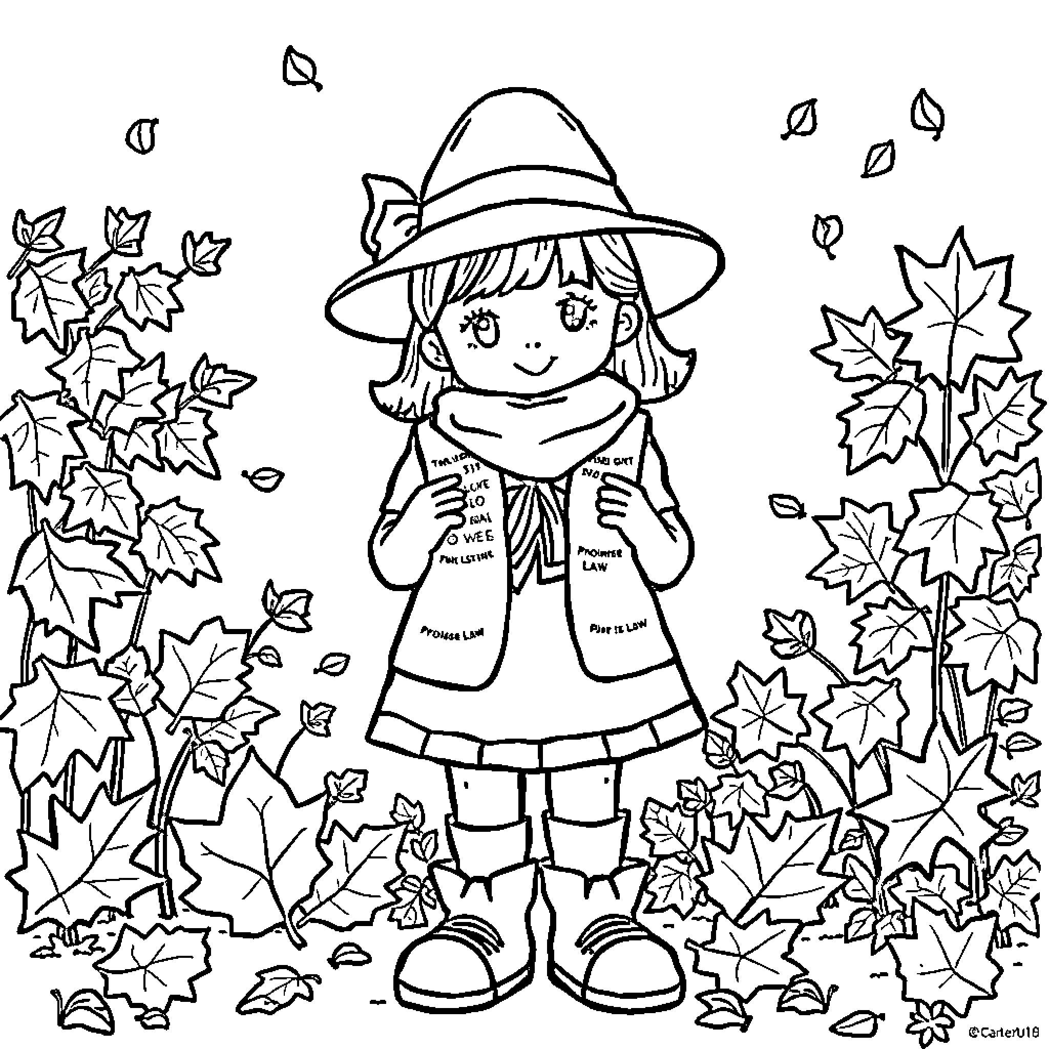 Girl Scout Enjoying Fall Leaves and Nature Coloring Page (free black-and-white line drawing printable PDF for all, from beginners to advanced learners, including children, teens, adults, and seniors)
