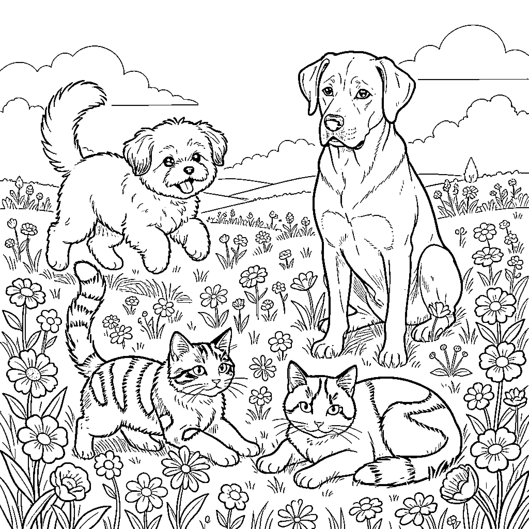 Dog and Cat Playing in a Floral Field Coloring Page (free black-and-white line drawing printable PDF for all, from beginners to advanced learners, including children, teens, adults, and seniors)