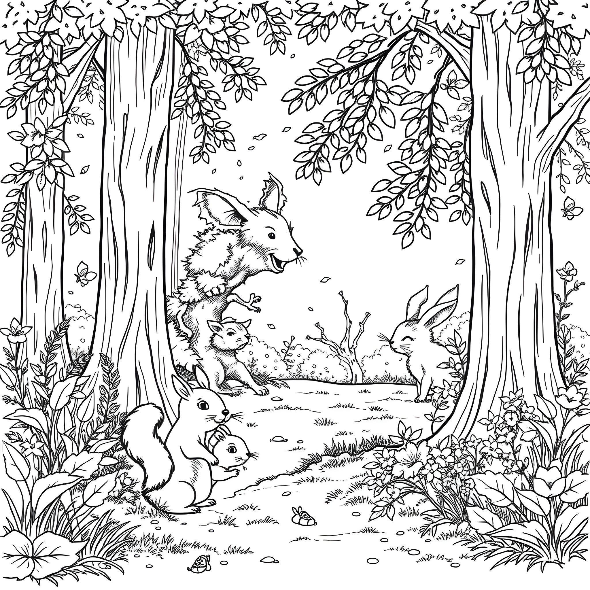 Animal forest scene with playful rabbits and squirrels Coloring Page (free black-and-white line drawing printable PDF for all, from beginners to advanced learners, including children, teens, adults, and seniors)