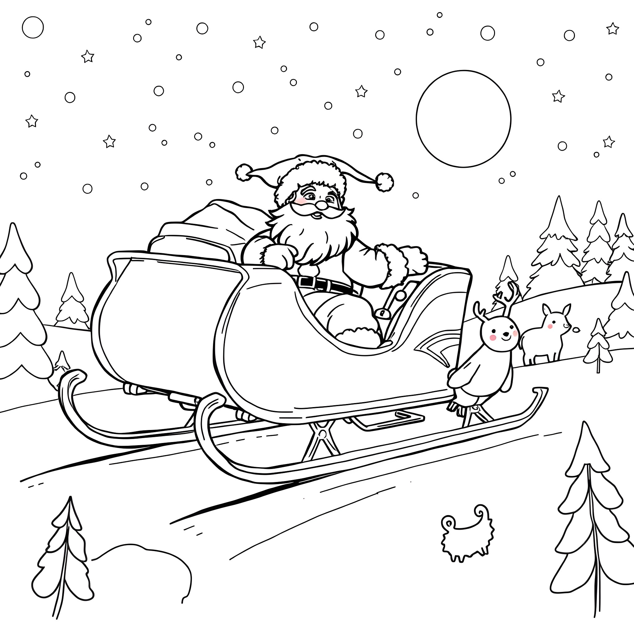 Santa Claus riding a sleigh with reindeer in the winter landscape Coloring Page (free black-and-white line drawing printable PDF for all, from beginners to advanced learners, including children, teens, adults, and seniors)