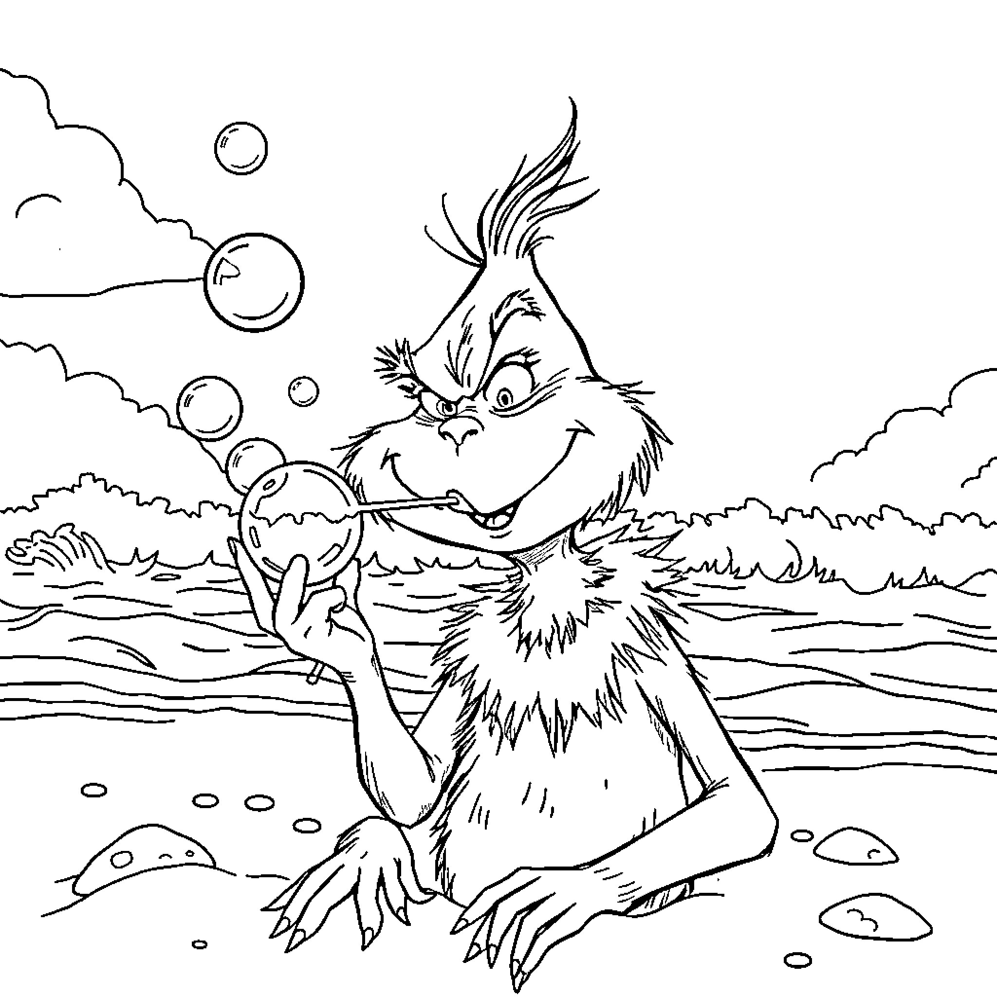 Grinch playing with bubbles in a serene outdoor scene Coloring Page (free black-and-white line drawing printable PDF for all, from beginners to advanced learners, including children, teens, adults, and seniors)