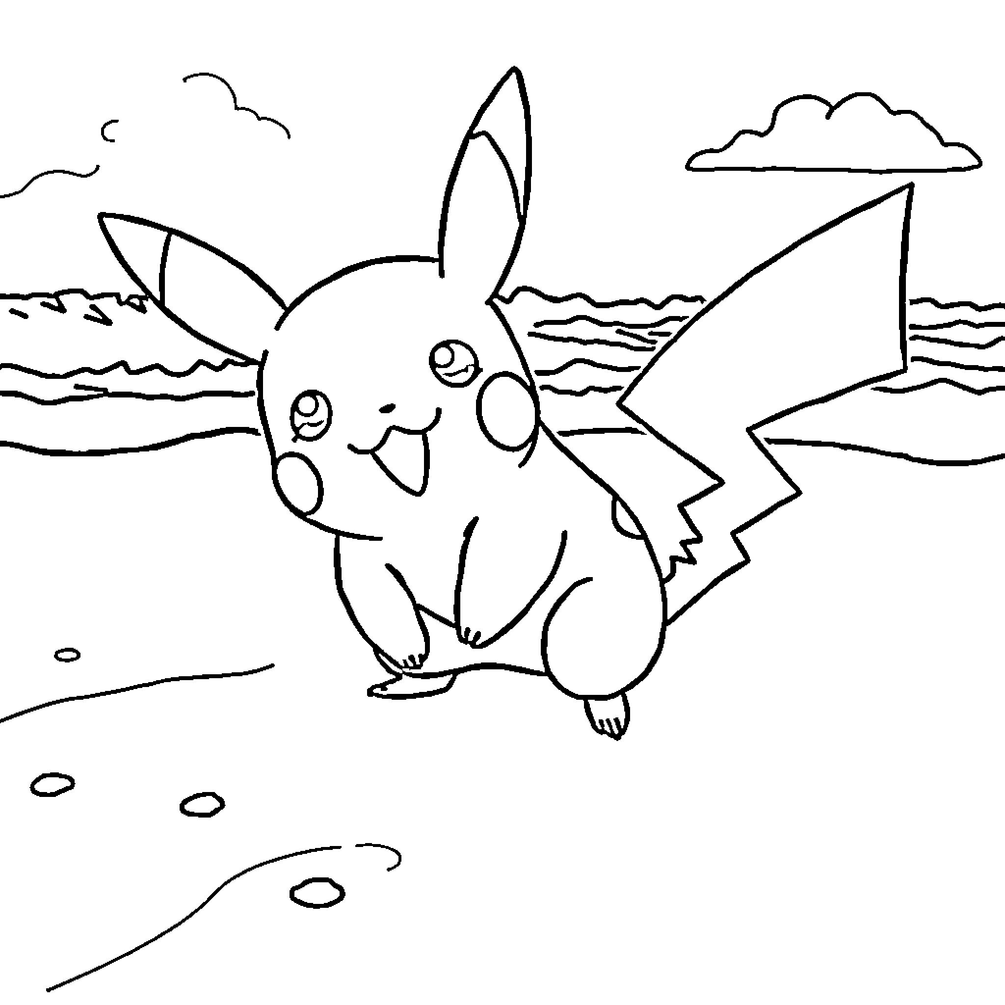 Pikachu Enjoying the Scenic Seaside Coloring Page (free black-and-white line drawing printable PDF for all, from beginners to advanced learners, including children, teens, adults, and seniors)