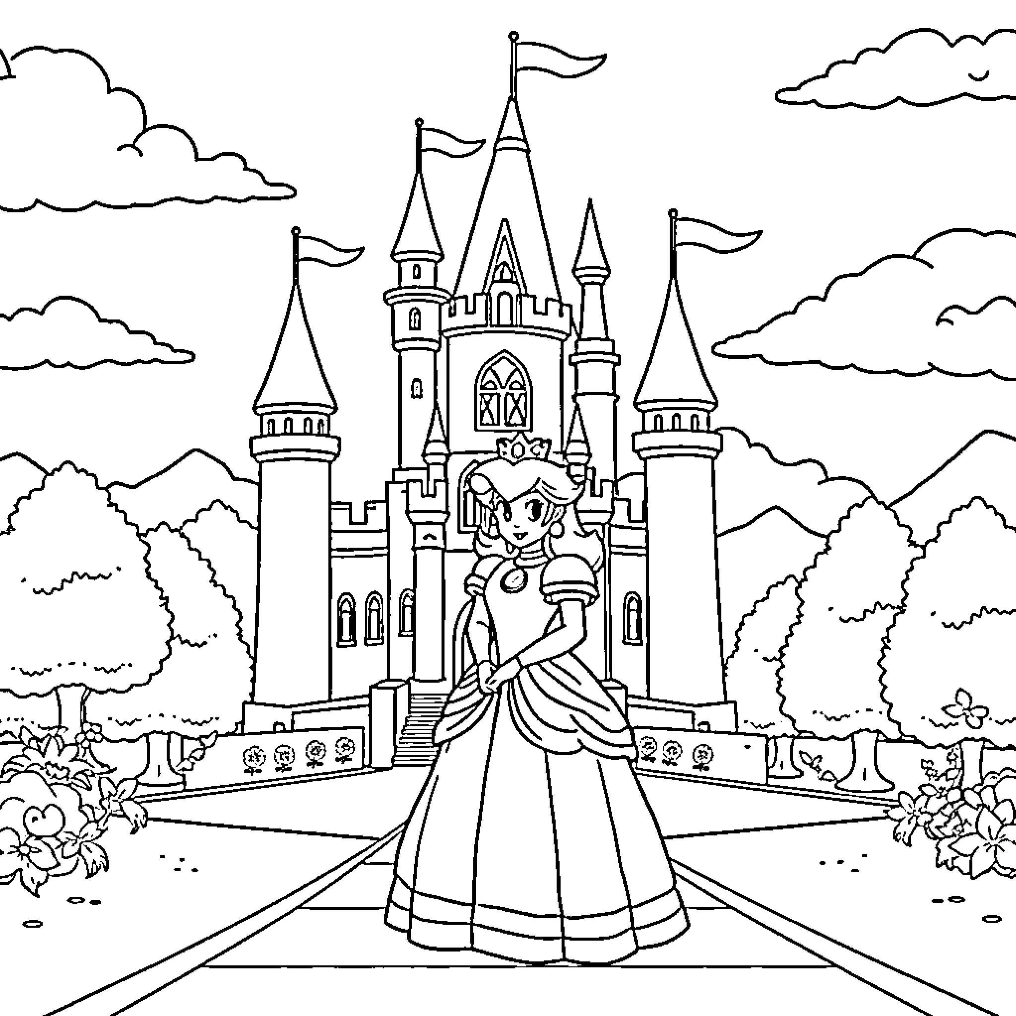 Princess standing in front of a majestic castle Coloring Page (free black-and-white line drawing printable PDF for all, from beginners to advanced learners, including children, teens, adults, and seniors)