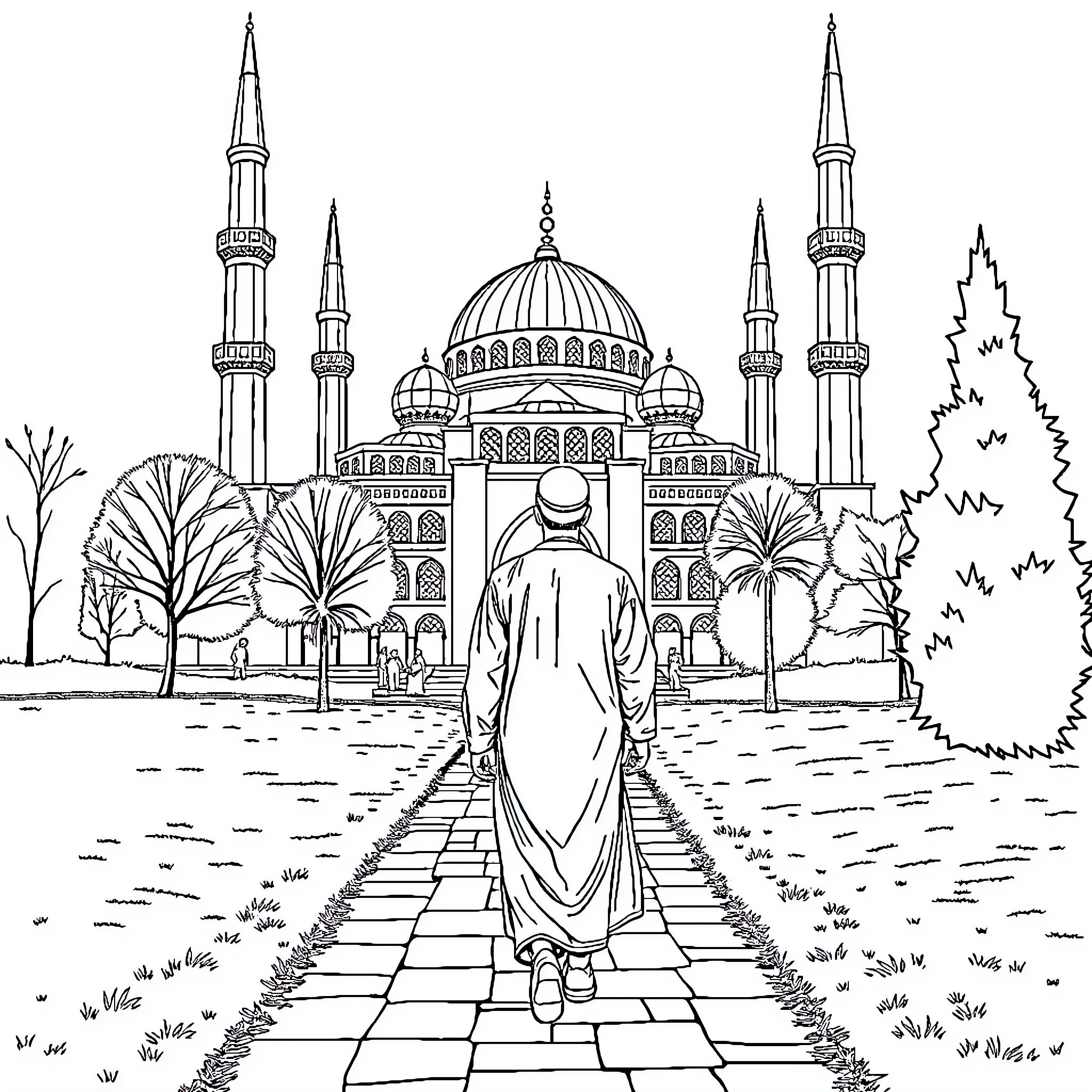 Muslim praying before a grand mosque Coloring Page (free black-and-white line drawing printable PDF for all, from beginners to advanced learners, including children, teens, adults, and seniors)