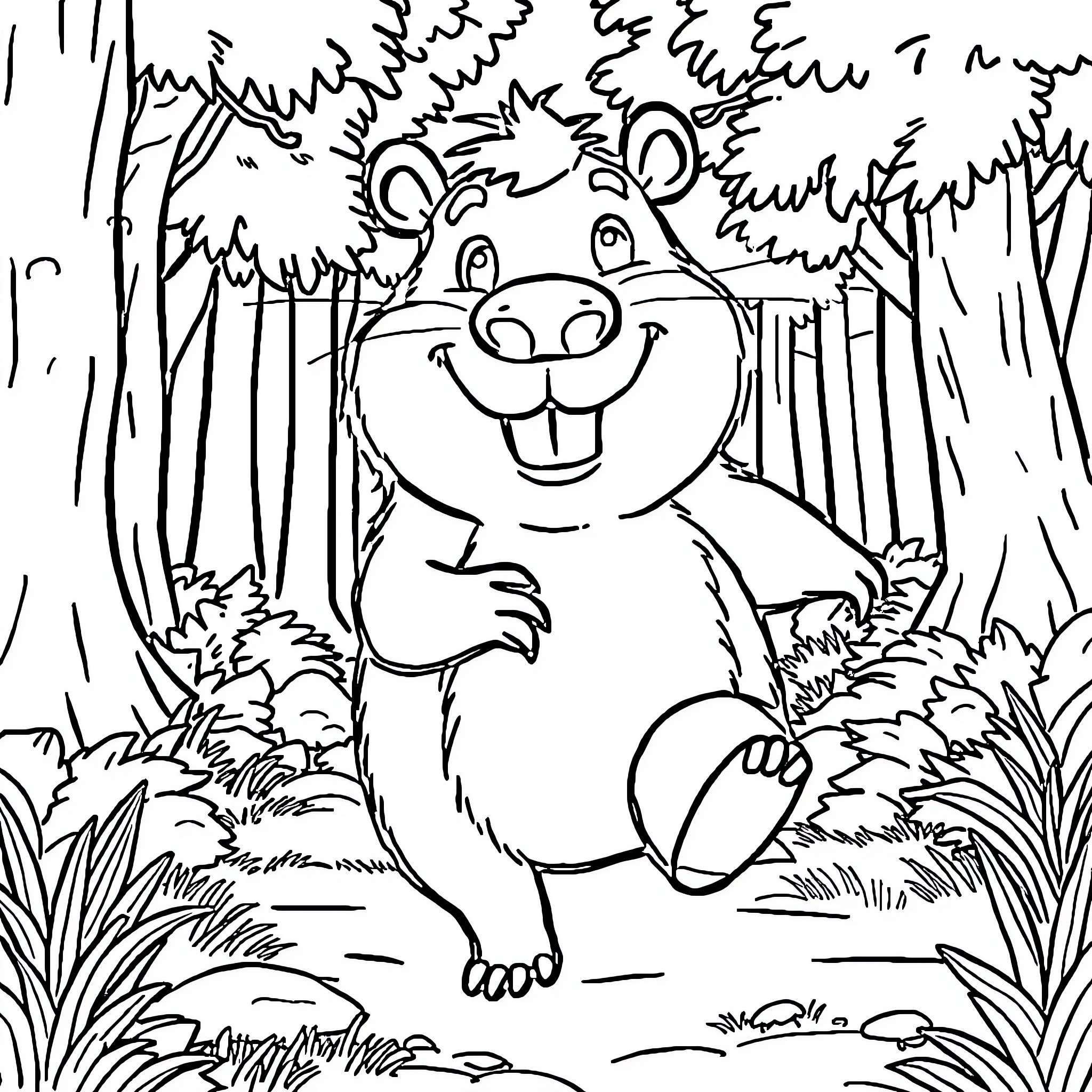 Capybara enjoying the forest scenery Coloring Page (free black-and-white line drawing printable PDF for all, from beginners to advanced learners, including children, teens, adults, and seniors)