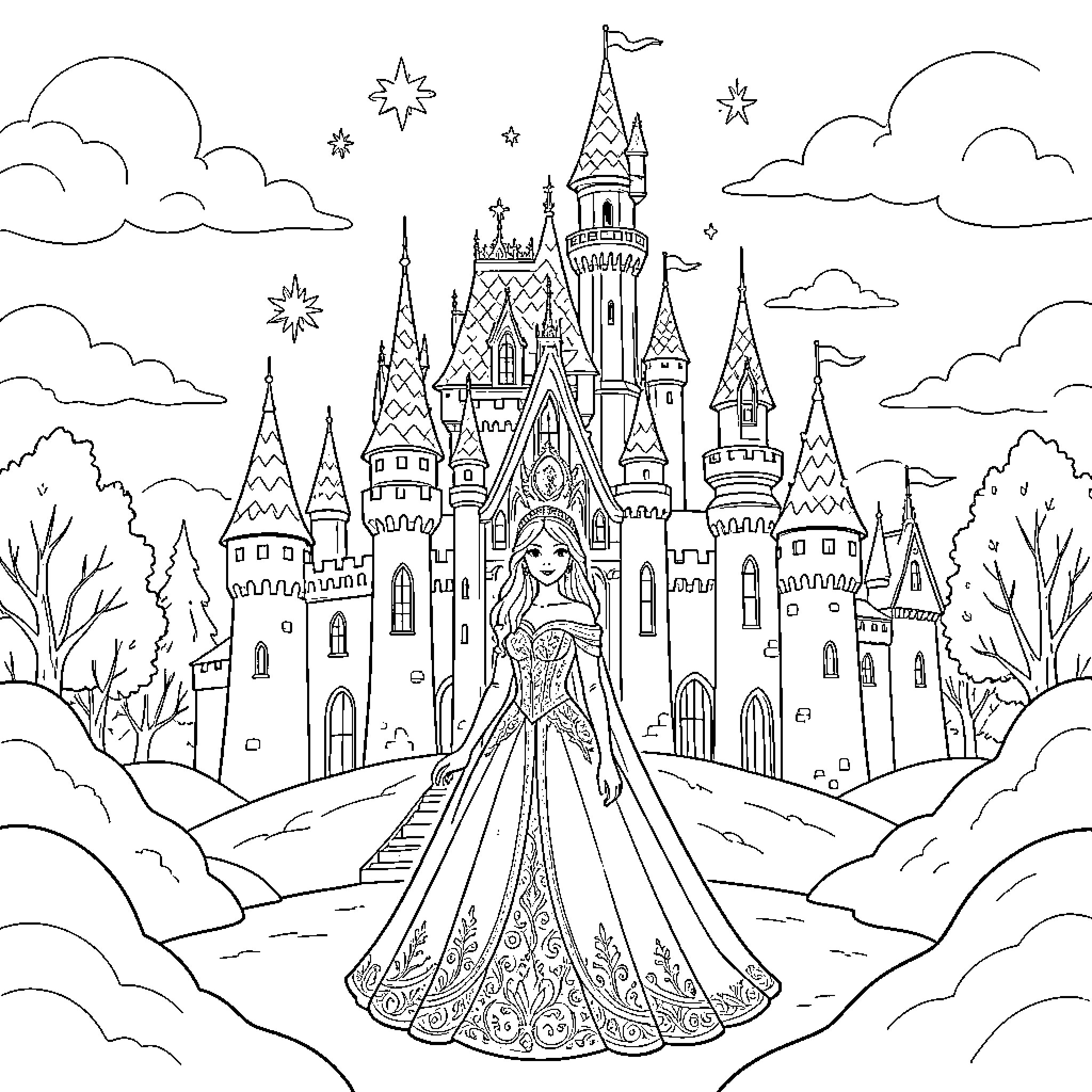 Princess standing elegantly in front of a magical castle Coloring Page (free black-and-white line drawing printable PDF for all, from beginners to advanced learners, including children, teens, adults, and seniors)
