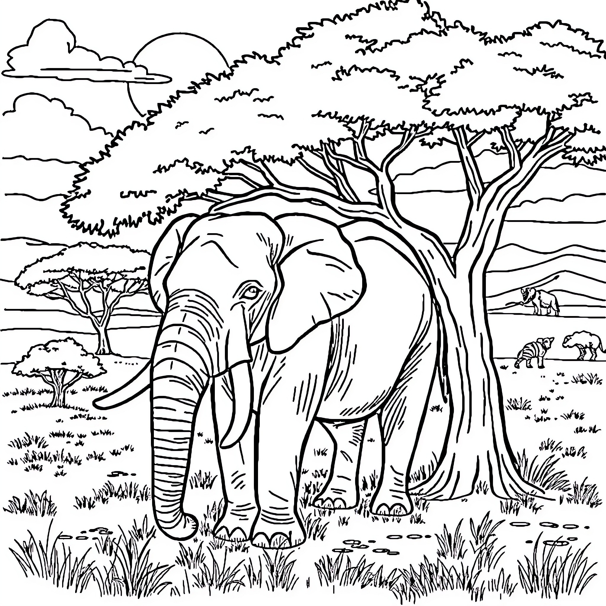Elephant walking through the African savanna Coloring Page (free black-and-white line drawing printable PDF for all, from beginners to advanced learners, including children, teens, adults, and seniors)