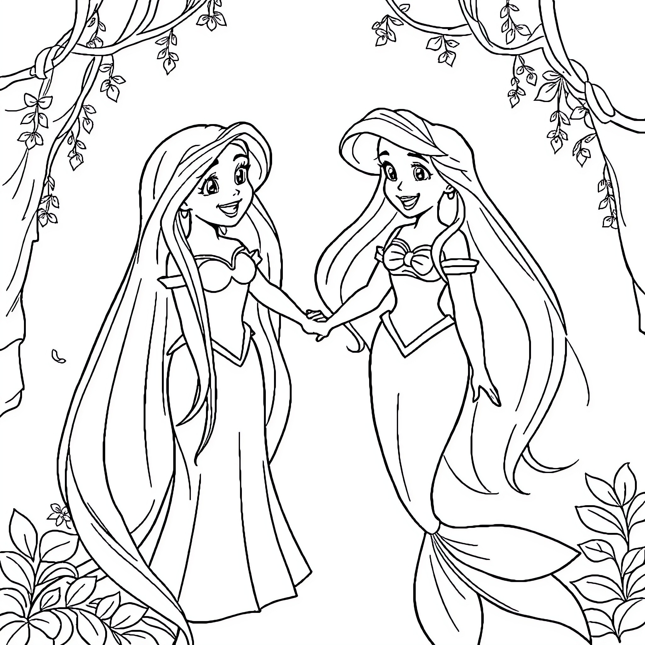 Ariel and Mermaid Friends Explore the Enchanted Forest Coloring Page (free black-and-white line drawing printable PDF for all, from beginners to advanced learners, including children, teens, adults, and seniors)