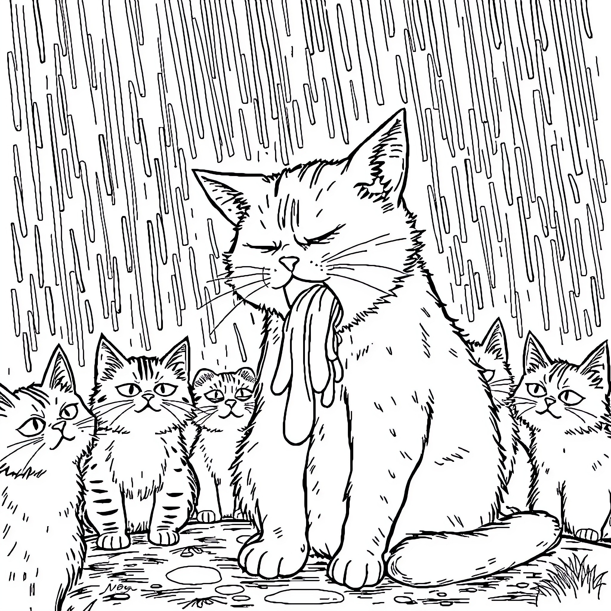Cat Sitting with Kittens in the Rain Coloring Page (free black-and-white line drawing printable PDF for all, from beginners to advanced learners, including children, teens, adults, and seniors)
