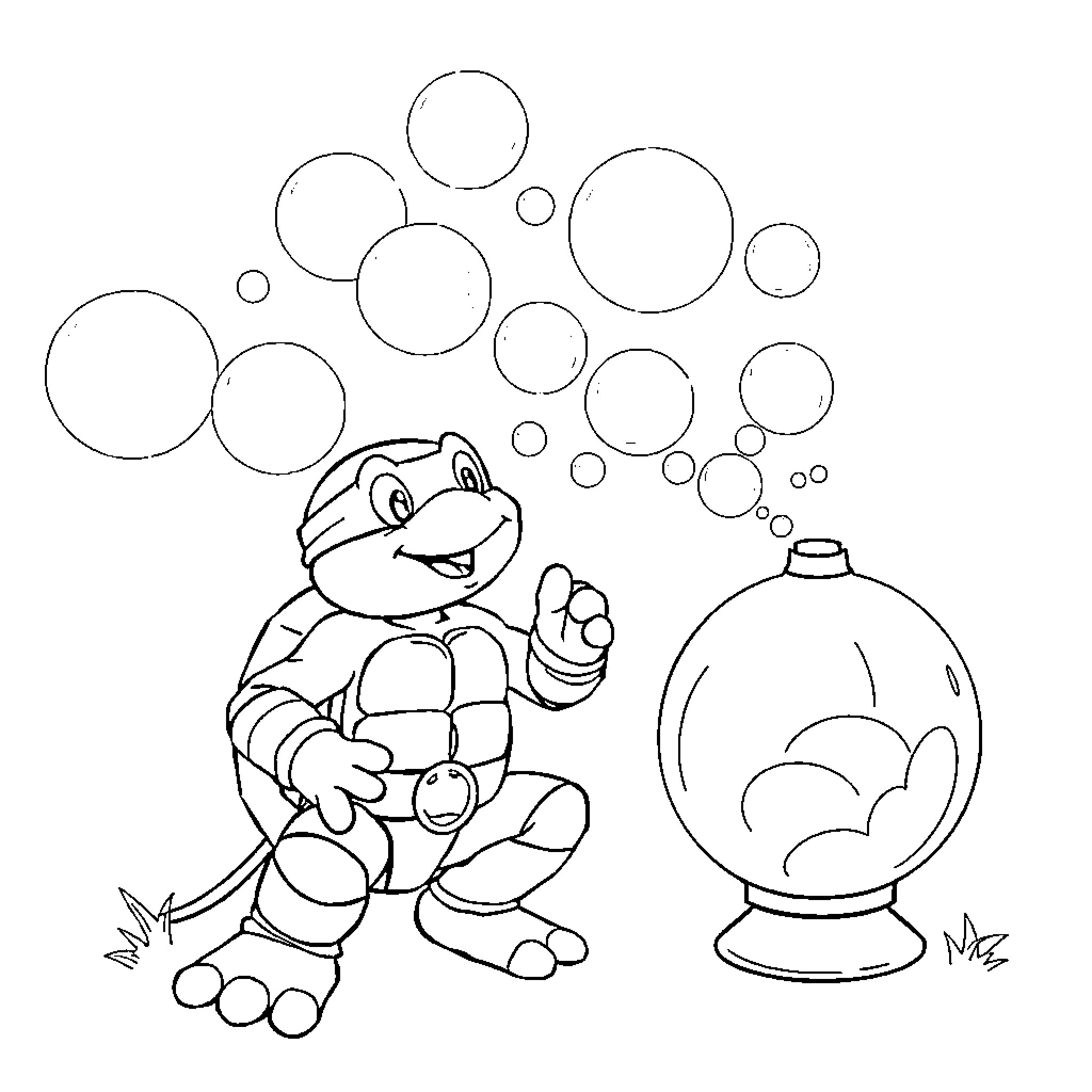Leonardo Blowing Bubbles with Delight Coloring Page (free black-and-white line drawing printable PDF for all, from beginners to advanced learners, including children, teens, adults, and seniors)