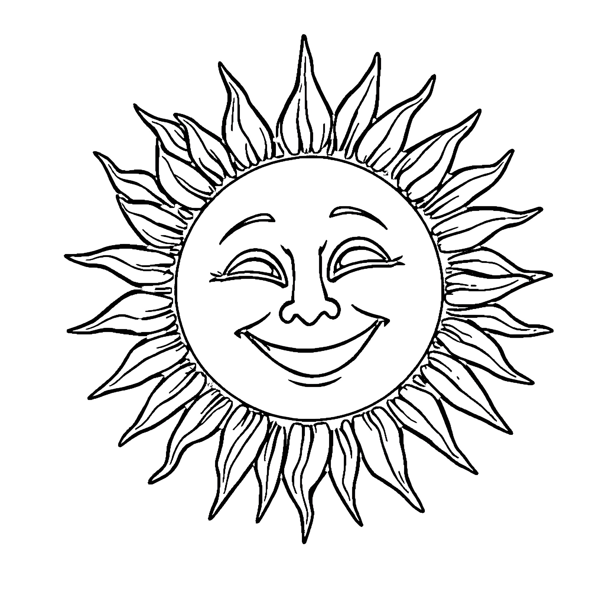 Sun shining brightly with a cheerful expression Coloring Page (free black-and-white line drawing printable PDF for all, from beginners to advanced learners, including children, teens, adults, and seniors)