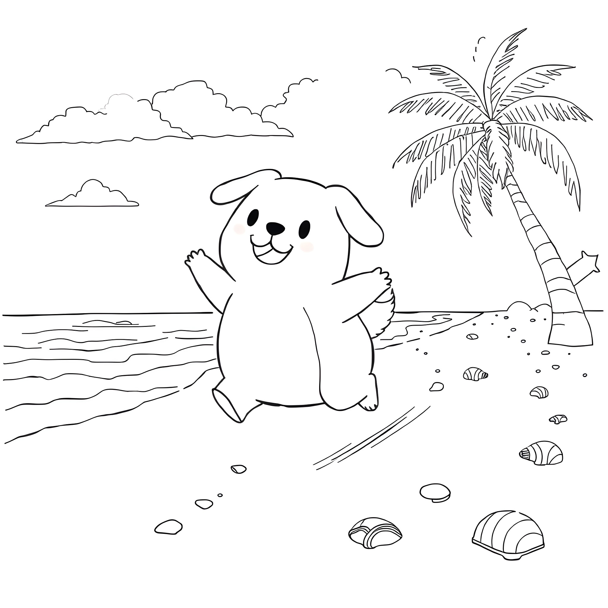 Dog playing on the beach by the palm tree Coloring Page (free black-and-white line drawing printable PDF for all, from beginners to advanced learners, including children, teens, adults, and seniors)