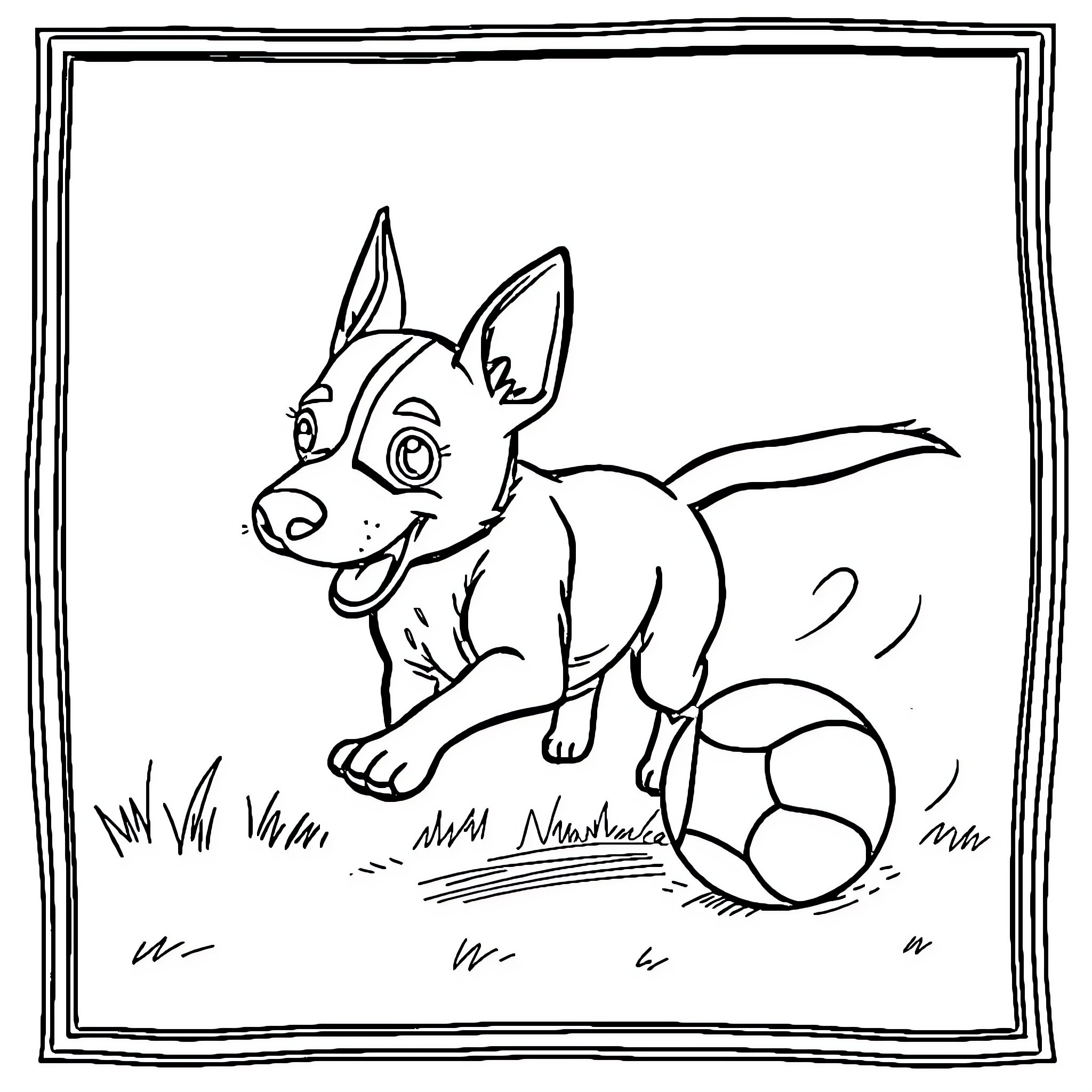 Dog playing with ball in the yard Coloring Page (free black-and-white line drawing printable PDF for all, from beginners to advanced learners, including children, teens, adults, and seniors)