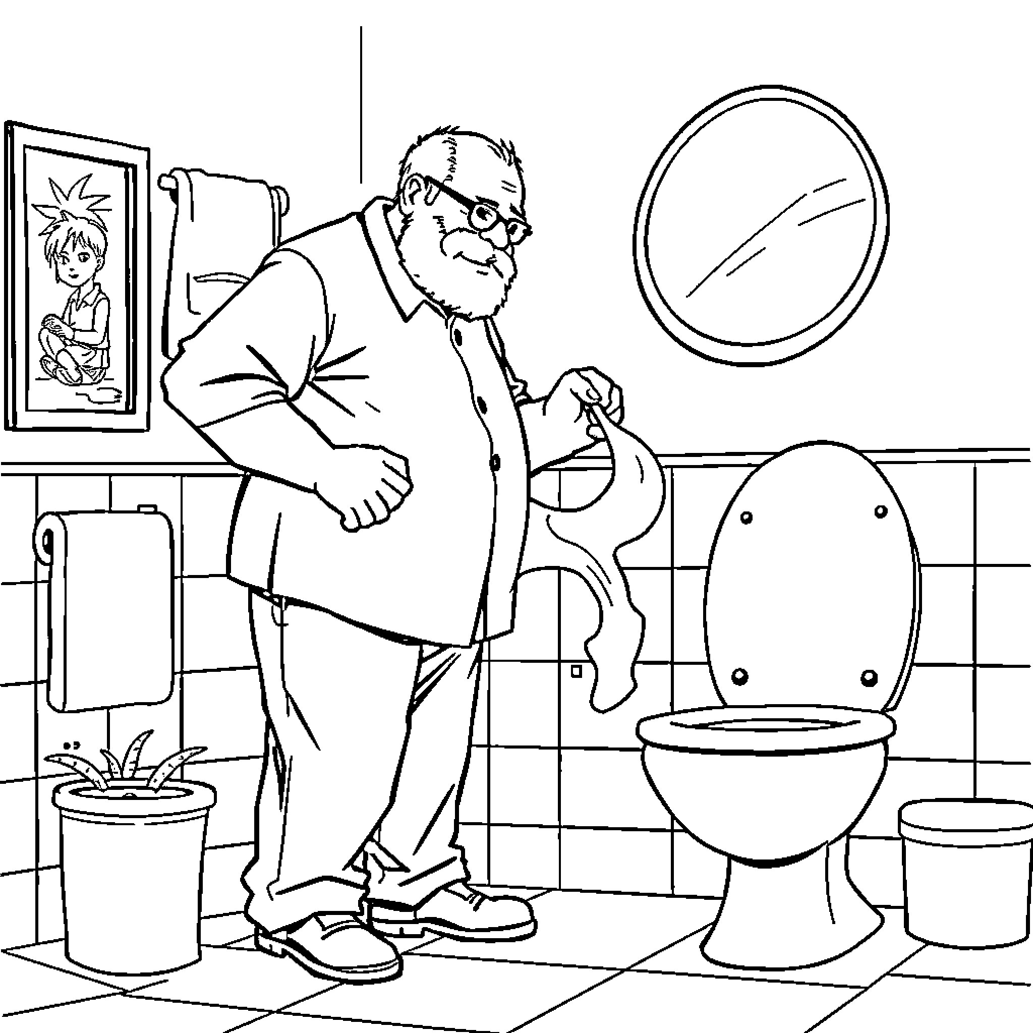 Papa fixing the toilet with a plunger Coloring Page (free black-and-white line drawing printable PDF for all, from beginners to advanced learners, including children, teens, adults, and seniors)