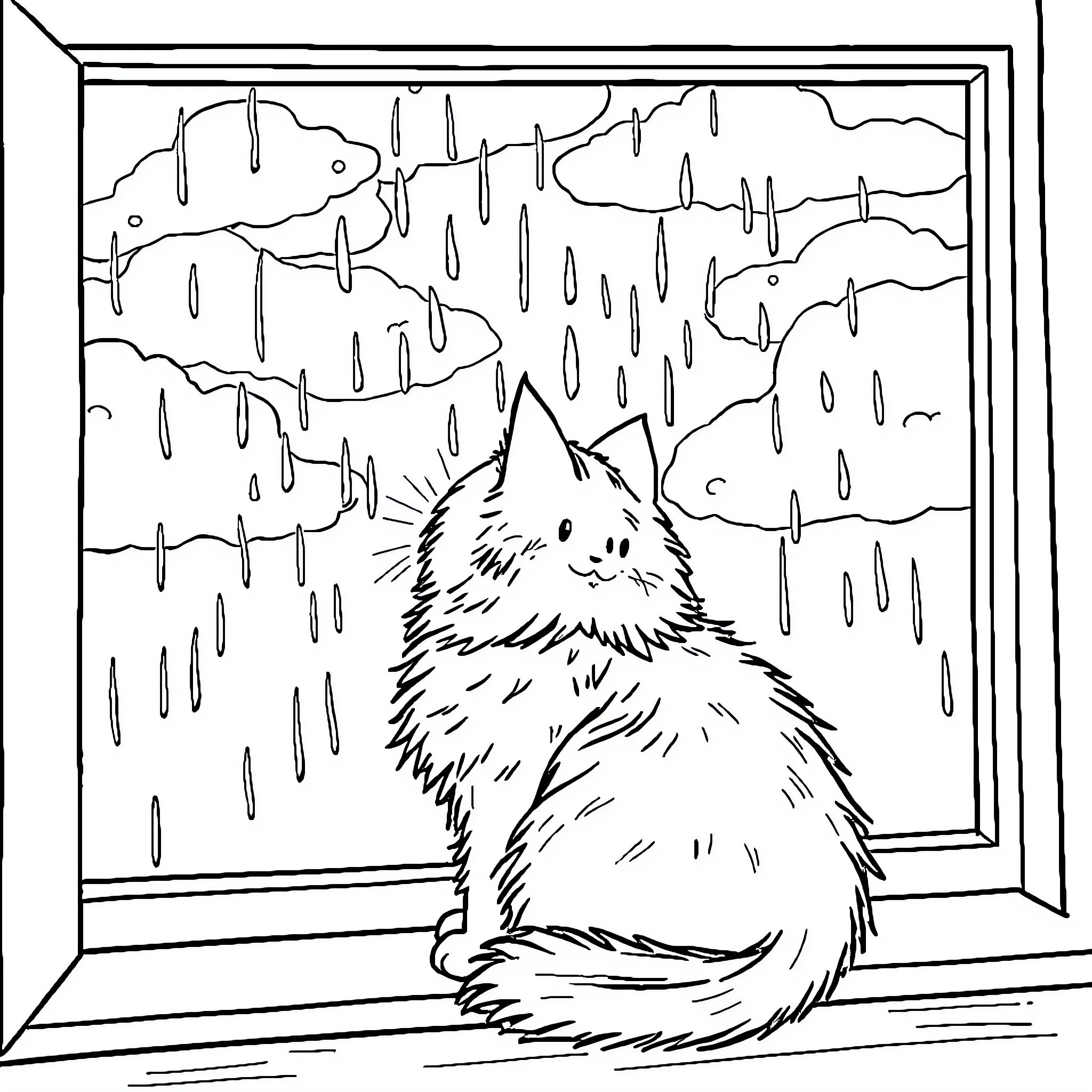 Cat enjoying rainy day by the window Coloring Page (free black-and-white line drawing printable PDF for all, from beginners to advanced learners, including children, teens, adults, and seniors)