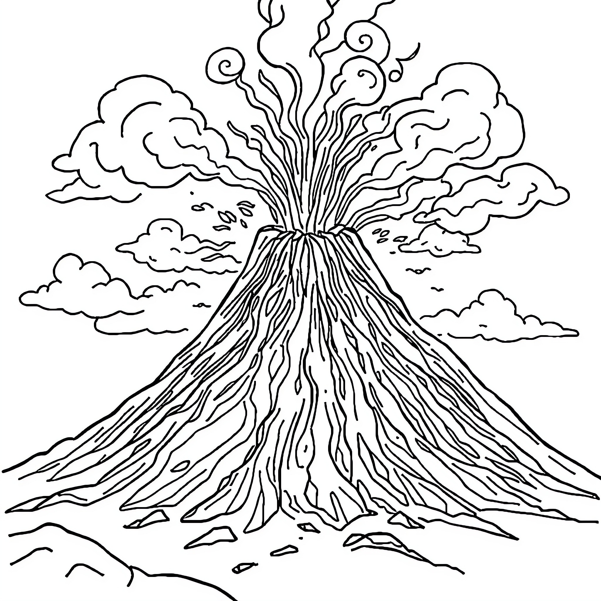 Volcano erupting with clouds of smoke and ash Coloring Page (free black-and-white line drawing printable PDF for all, from beginners to advanced learners, including children, teens, adults, and seniors)