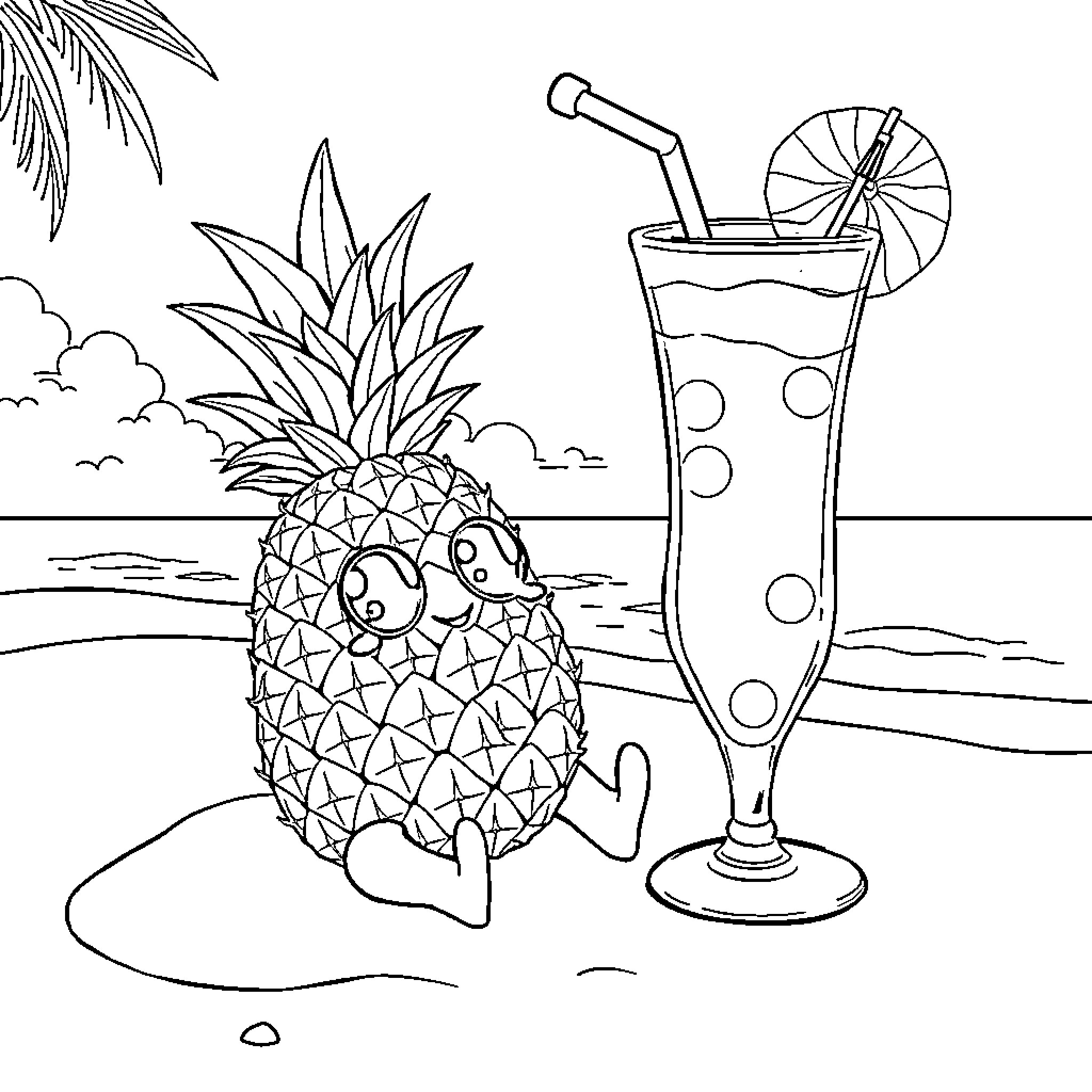 Pineapple relaxing with tropical drink on the beach Coloring Page (free black-and-white line drawing printable PDF for all, from beginners to advanced learners, including children, teens, adults, and seniors)