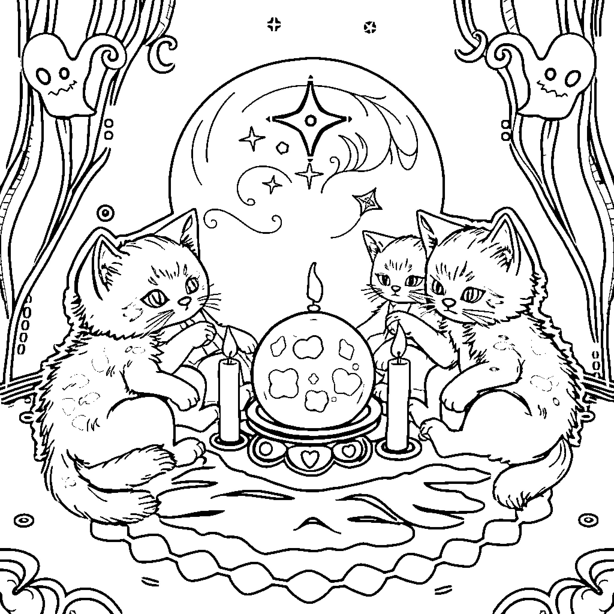 Kittens Celebrating with Magical Dessert Coloring Page (free black-and-white line drawing printable PDF for all, from beginners to advanced learners, including children, teens, adults, and seniors)
