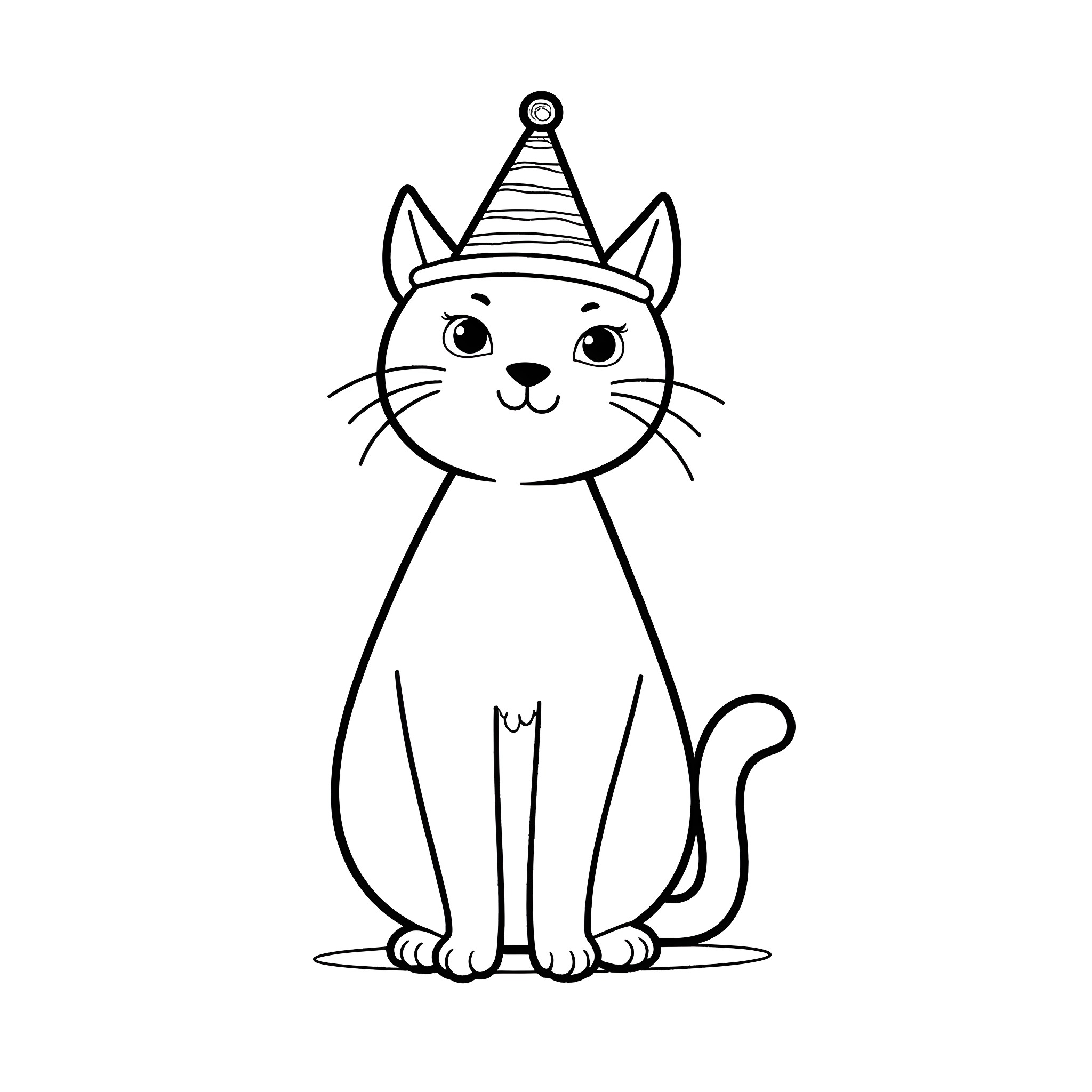 Cat wearing a party hat Coloring Page (free black-and-white line drawing printable PDF for all, from beginners to advanced learners, including children, teens, adults, and seniors)