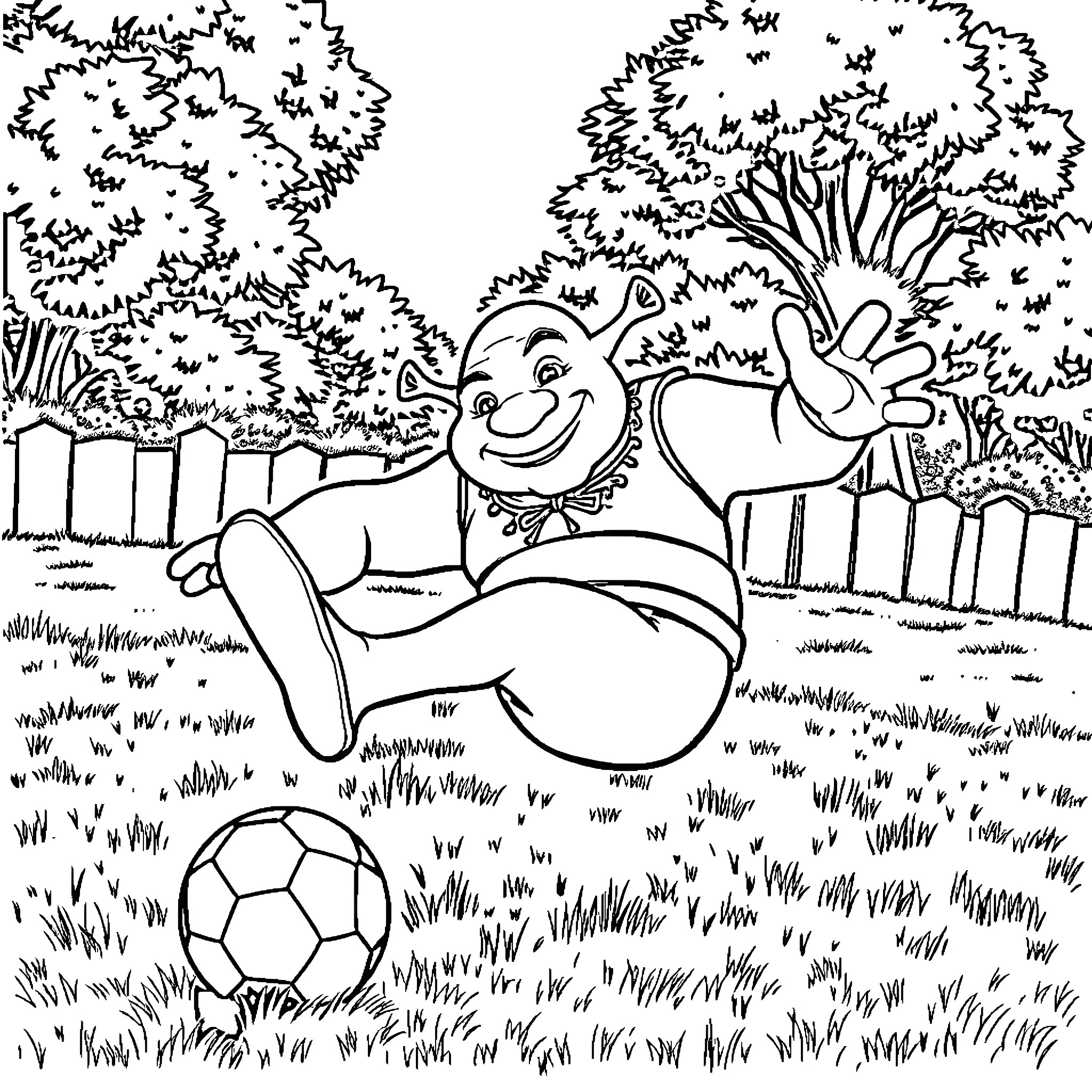 Shrek playing happily with a soccer ball in the park Coloring Page (free black-and-white line drawing printable PDF for all, from beginners to advanced learners, including children, teens, adults, and seniors)