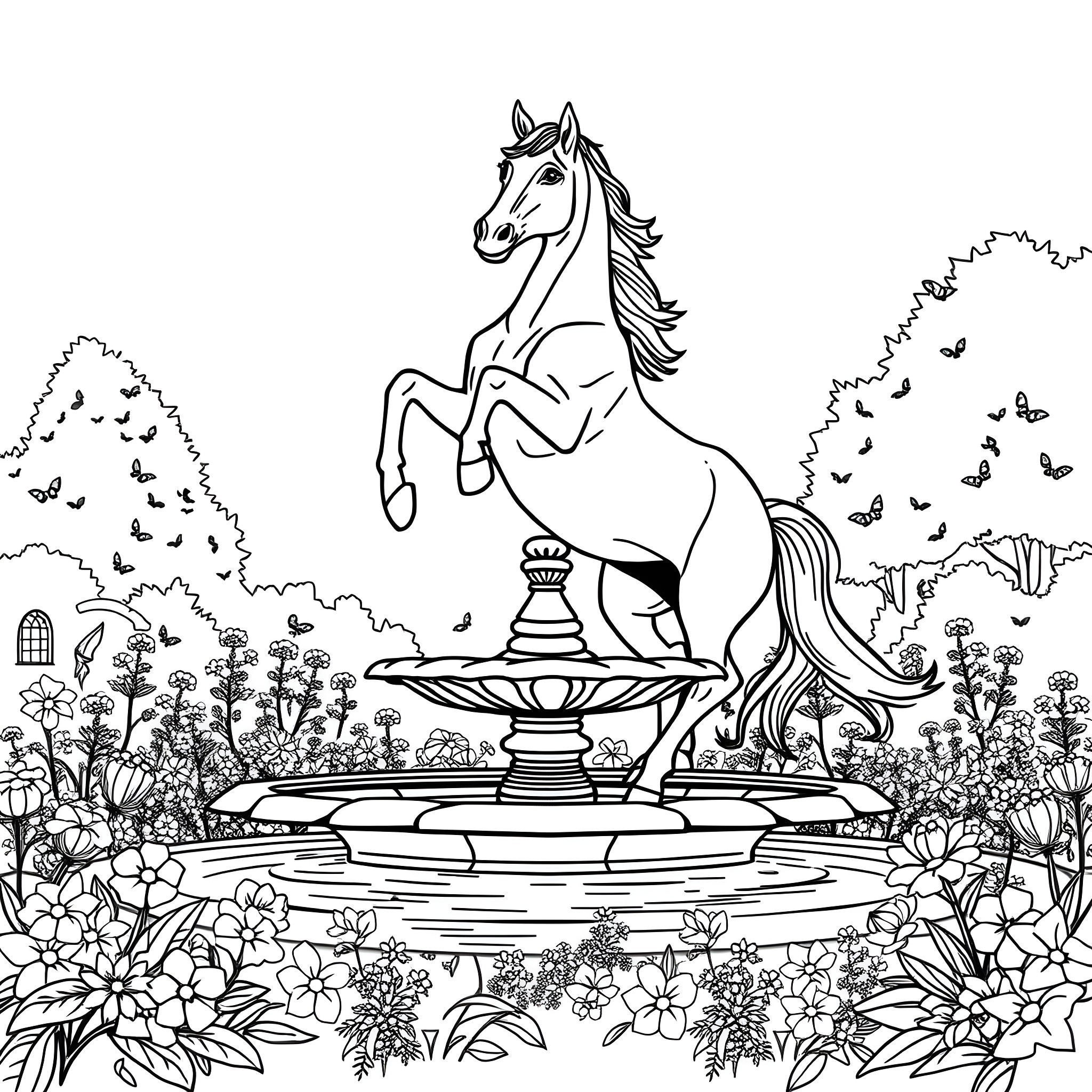Horse Statue in a Floral Garden Coloring Page (free black-and-white line drawing printable PDF for all, from beginners to advanced learners, including children, teens, adults, and seniors)