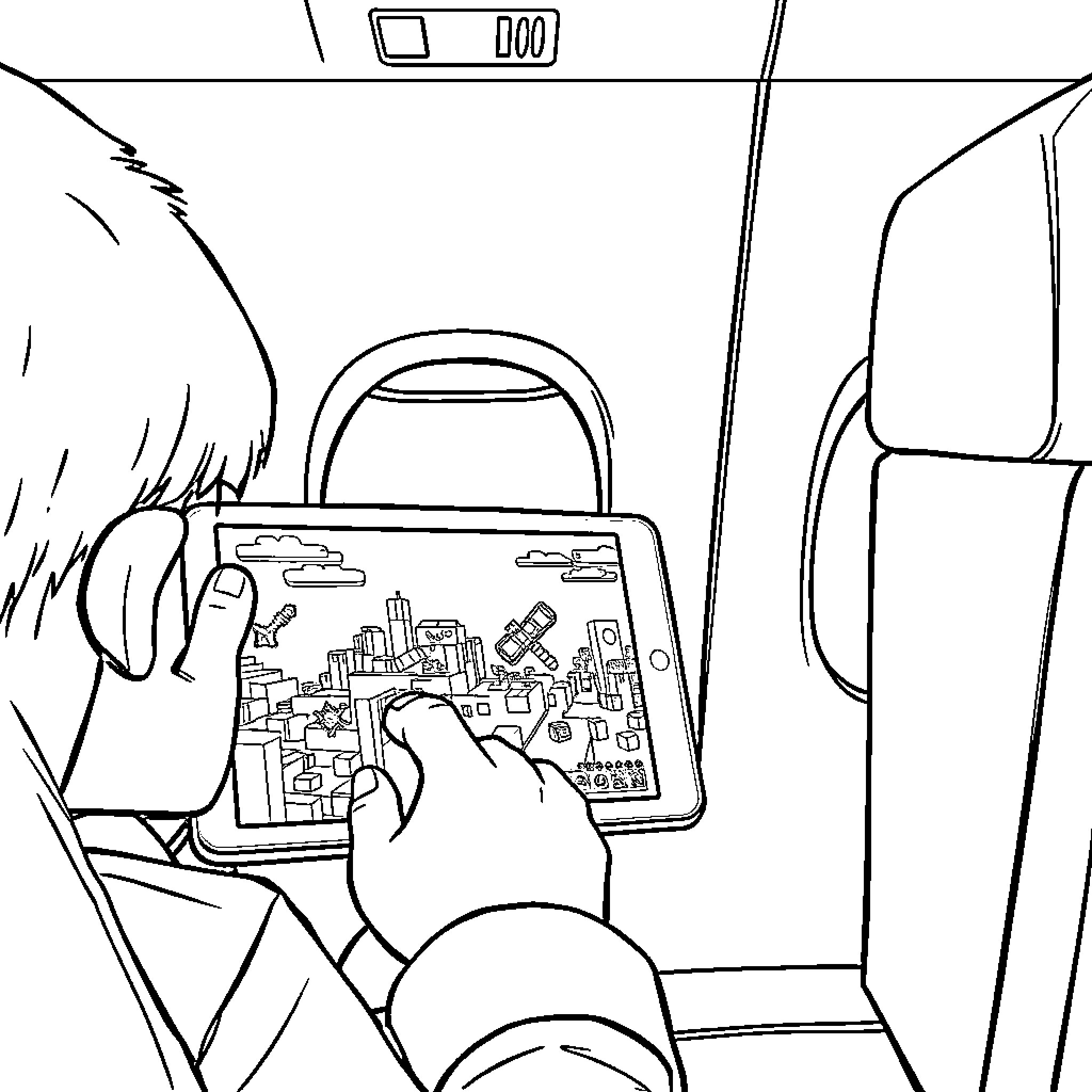 Minecraft player exploring the city on tablet Coloring Page (free black-and-white line drawing printable PDF for all, from beginners to advanced learners, including children, teens, adults, and seniors)
