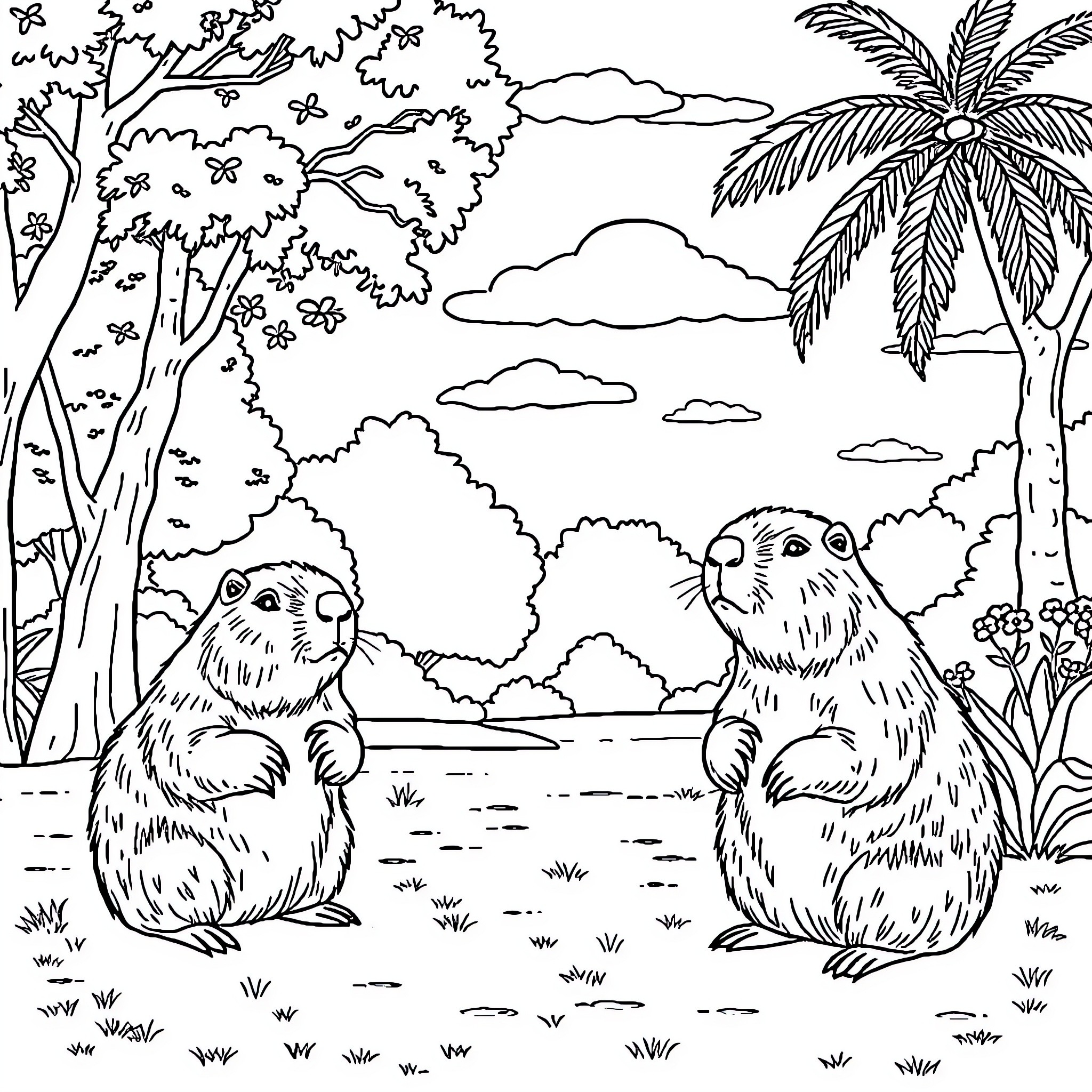 Capybara enjoying a peaceful day in the tropical landscape Coloring Page (free black-and-white line drawing printable PDF for all, from beginners to advanced learners, including children, teens, adults, and seniors)