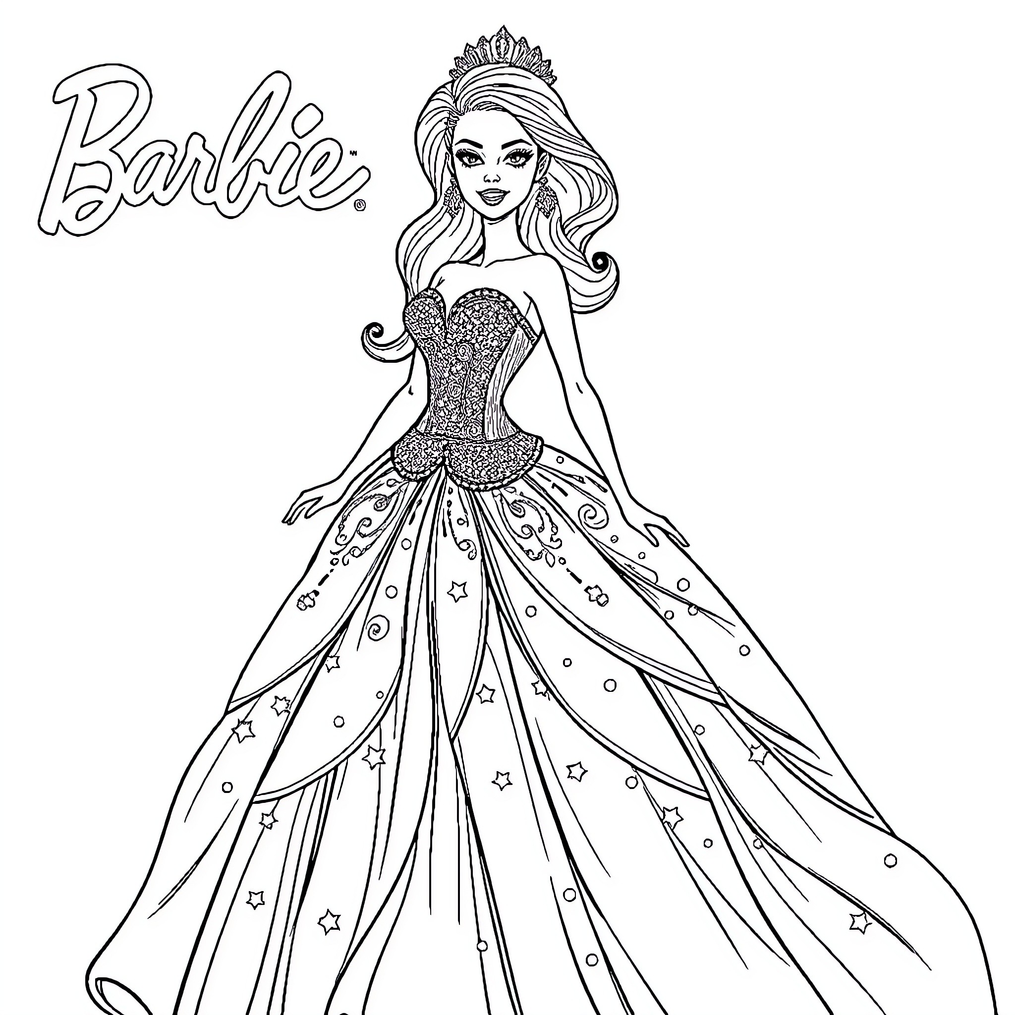 Barbie in a Sparkling Gown and Crown Coloring Page (free black-and-white line drawing printable PDF for all, from beginners to advanced learners, including children, teens, adults, and seniors)