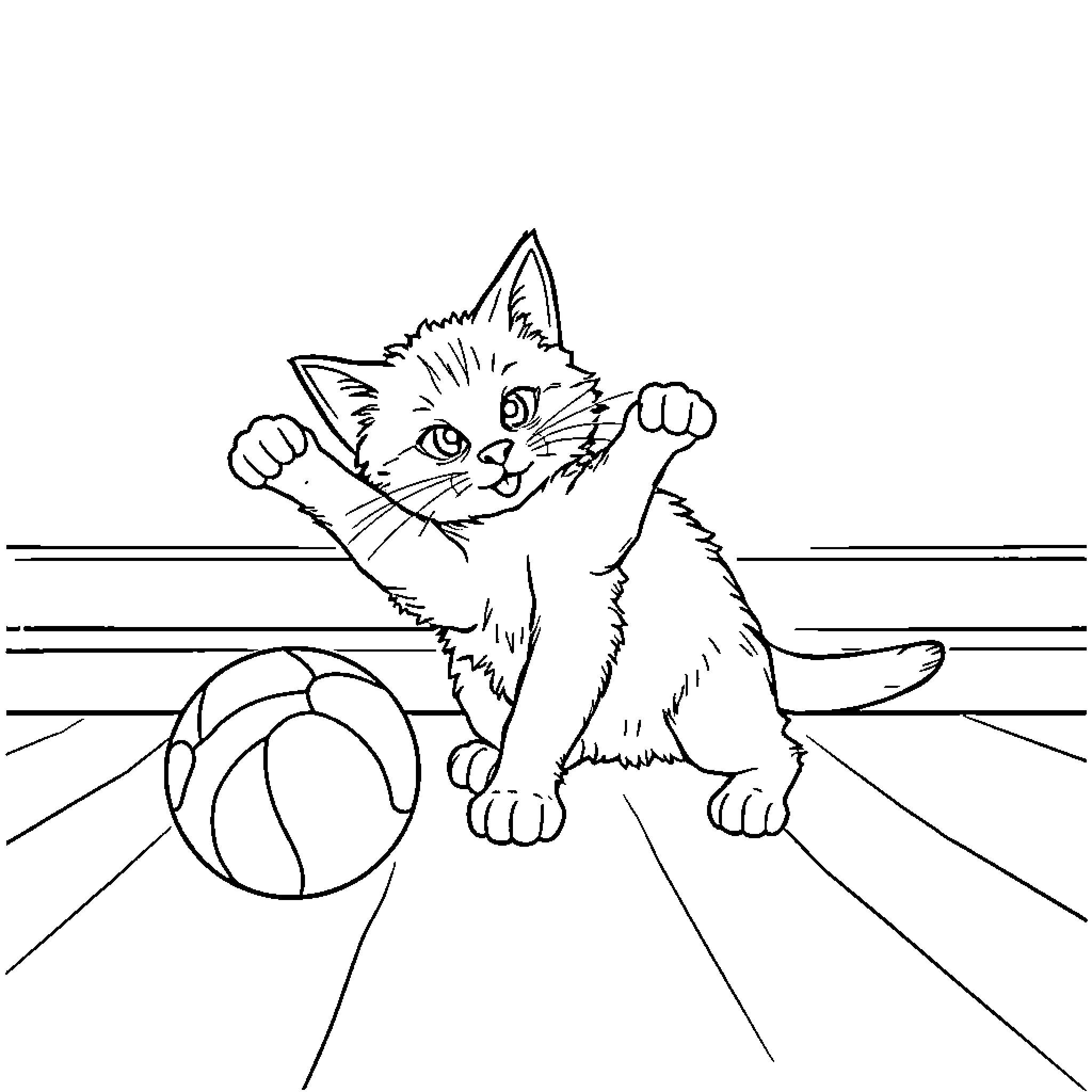 Cat playing with toy ball on court Coloring Page (free black-and-white line drawing printable PDF for all, from beginners to advanced learners, including children, teens, adults, and seniors)