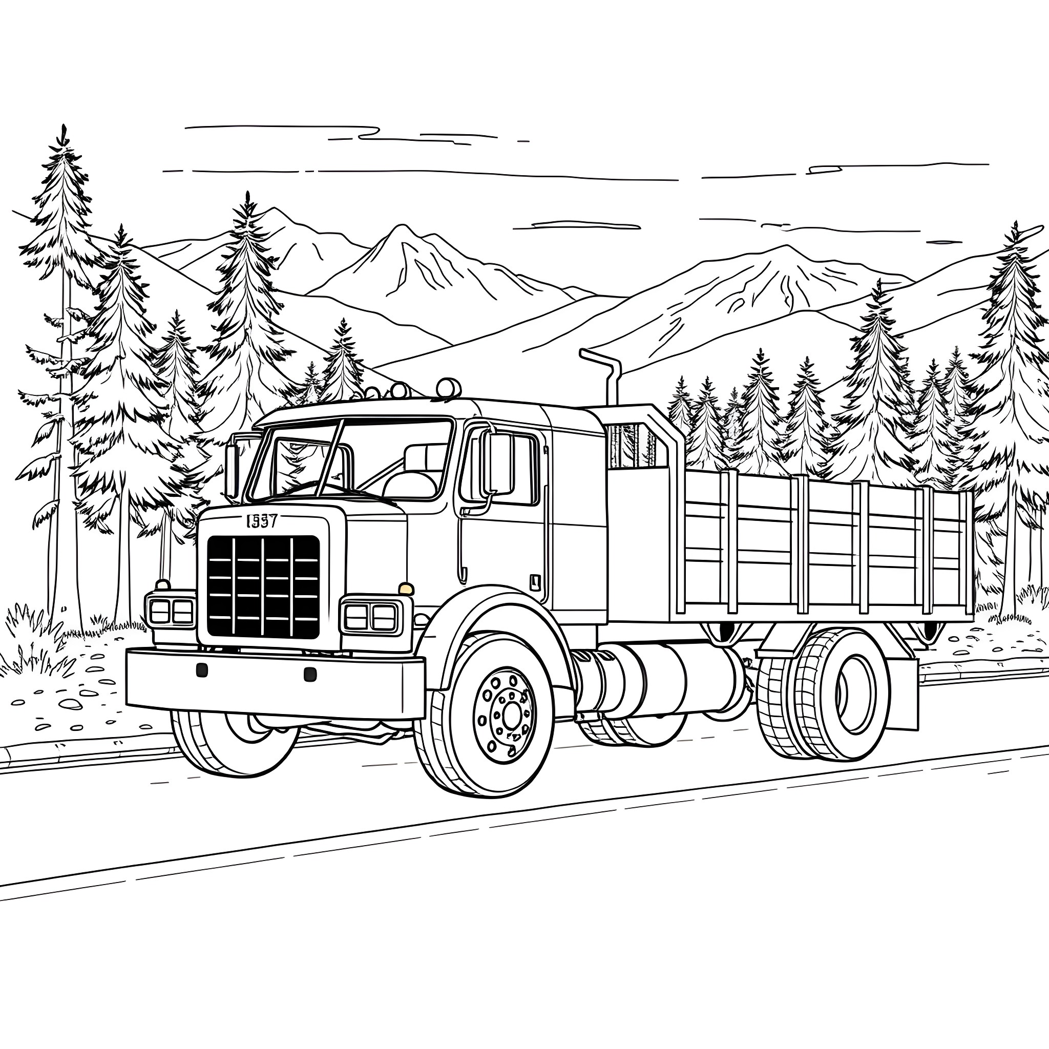 Flatbed truck driving through scenic mountainous landscape Coloring Page (free black-and-white line drawing printable PDF for all, from beginners to advanced learners, including children, teens, adults, and seniors)